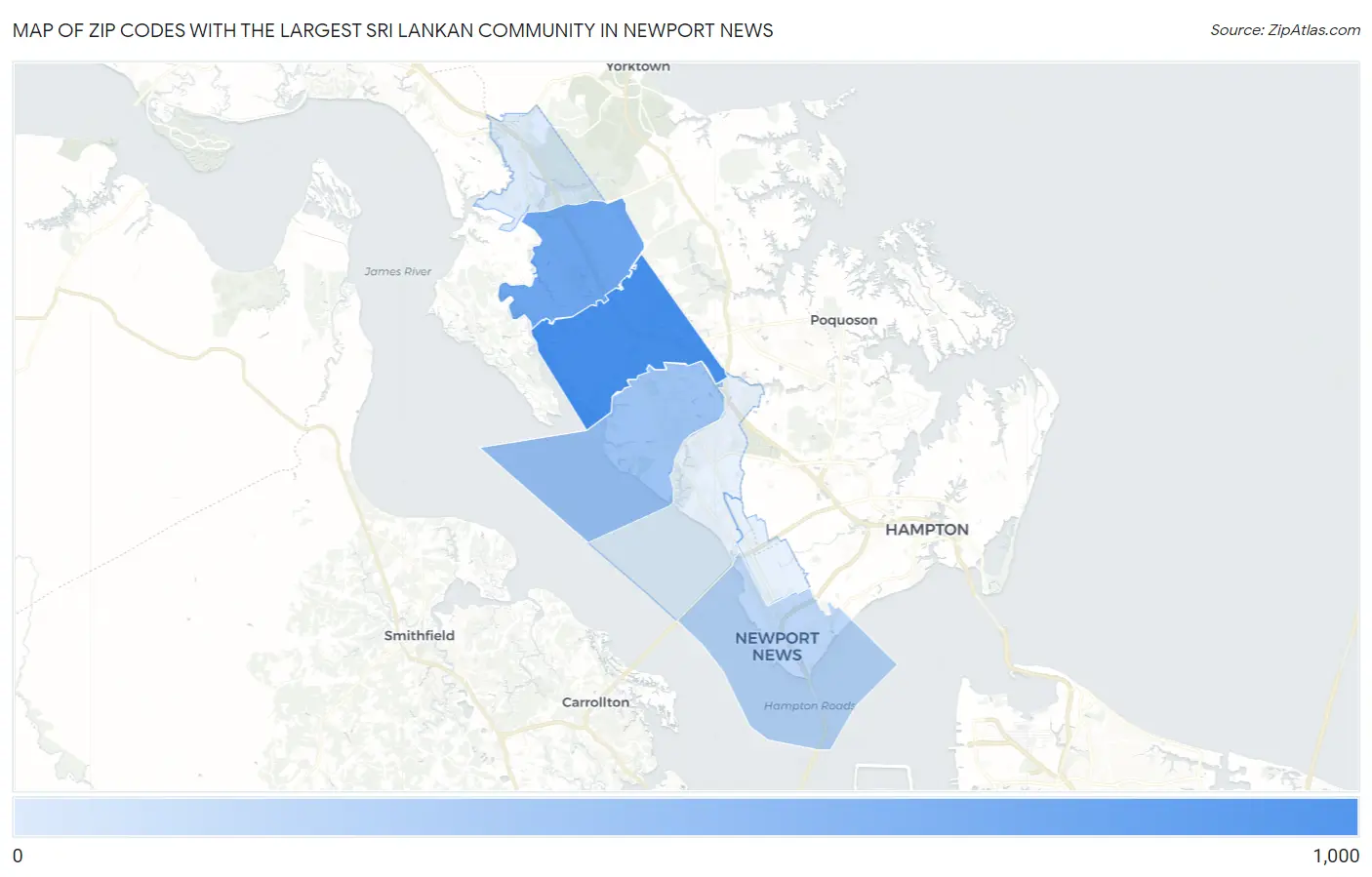 Zip Codes with the Largest Sri Lankan Community in Newport News Map