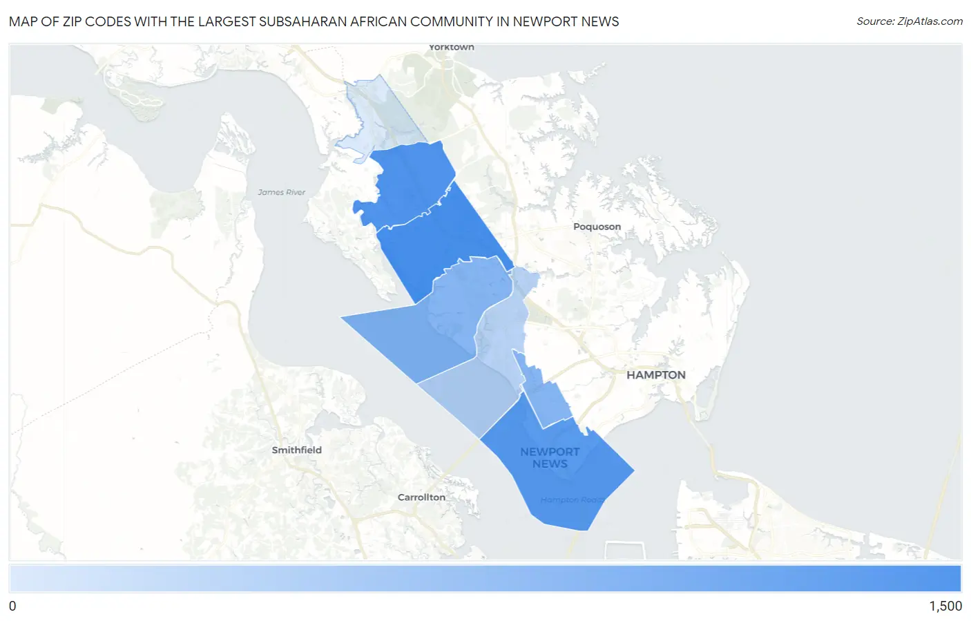 Zip Codes with the Largest Subsaharan African Community in Newport News Map