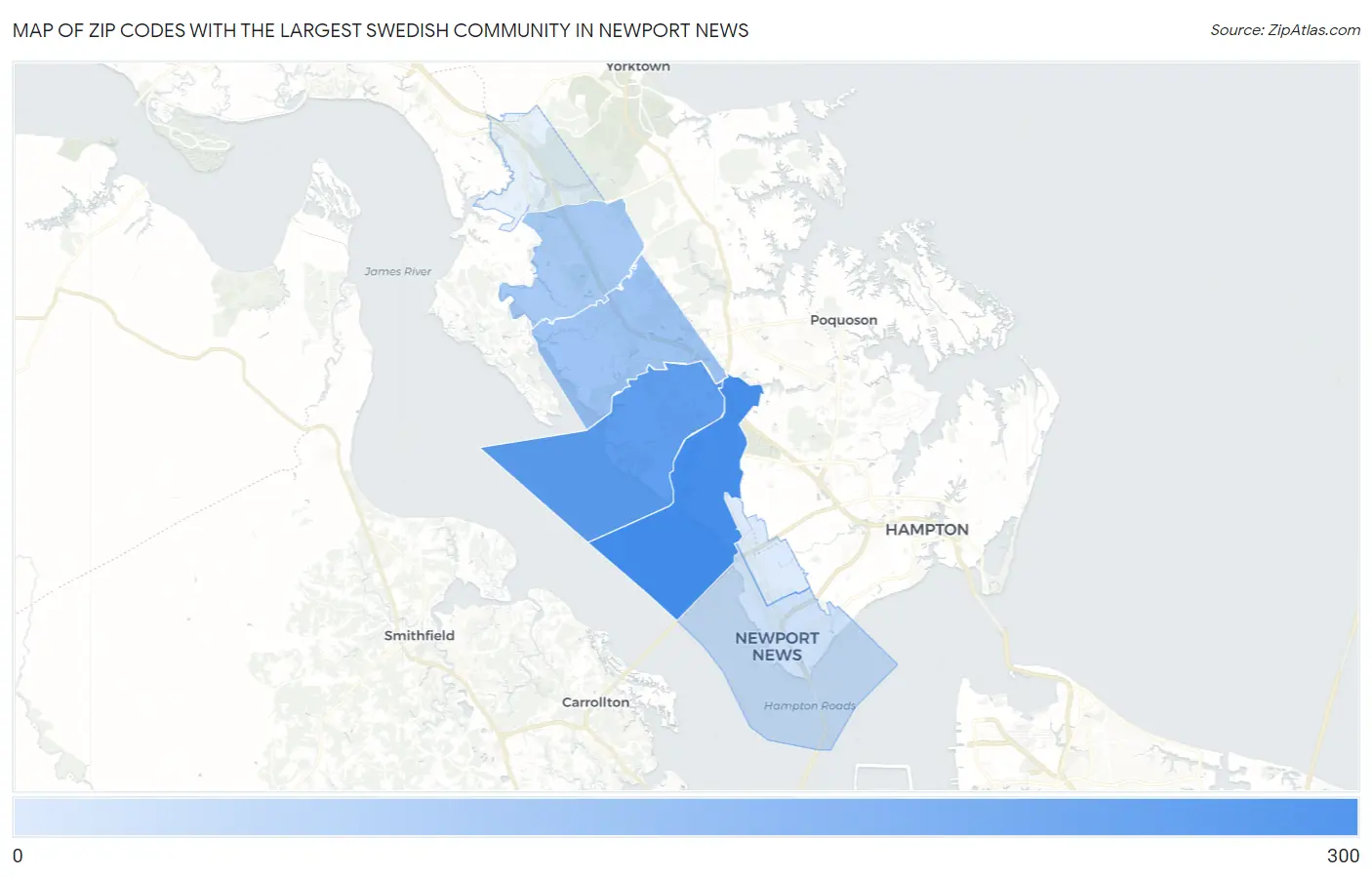 Zip Codes with the Largest Swedish Community in Newport News Map