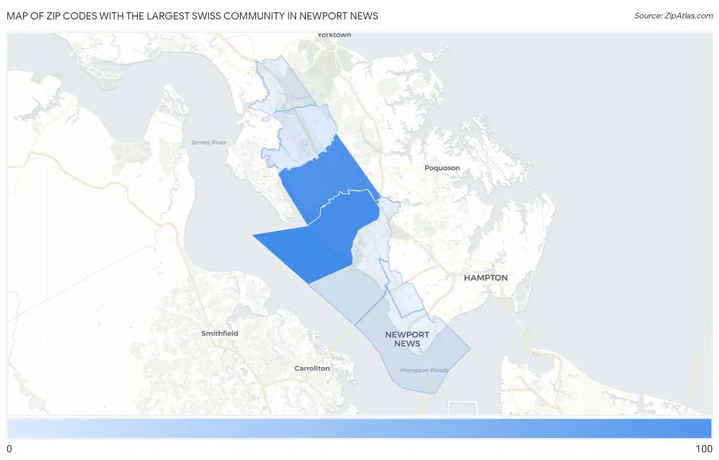 Zip Codes with the Largest Swiss Community in Newport News Map