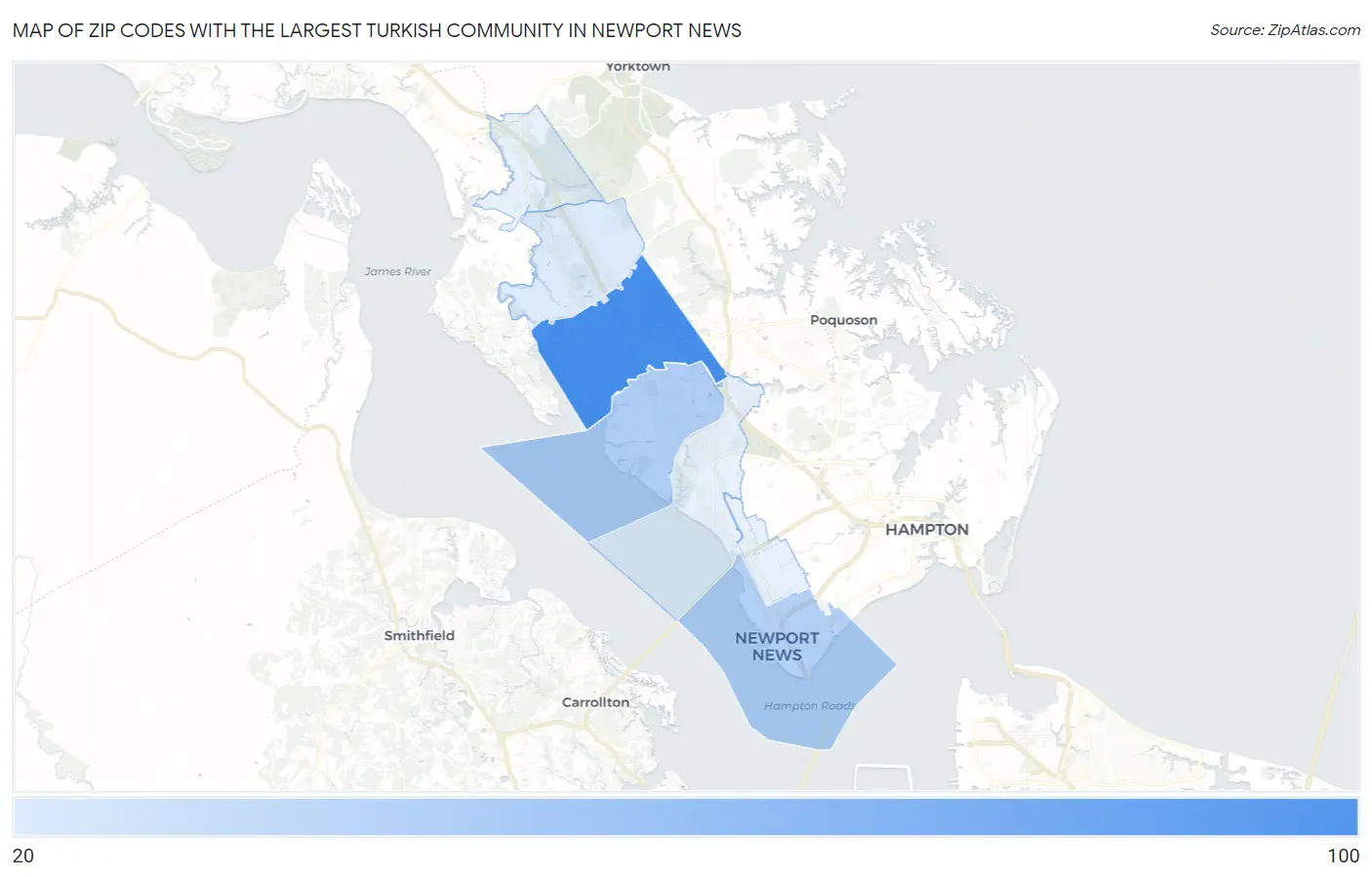 Zip Codes with the Largest Turkish Community in Newport News Map