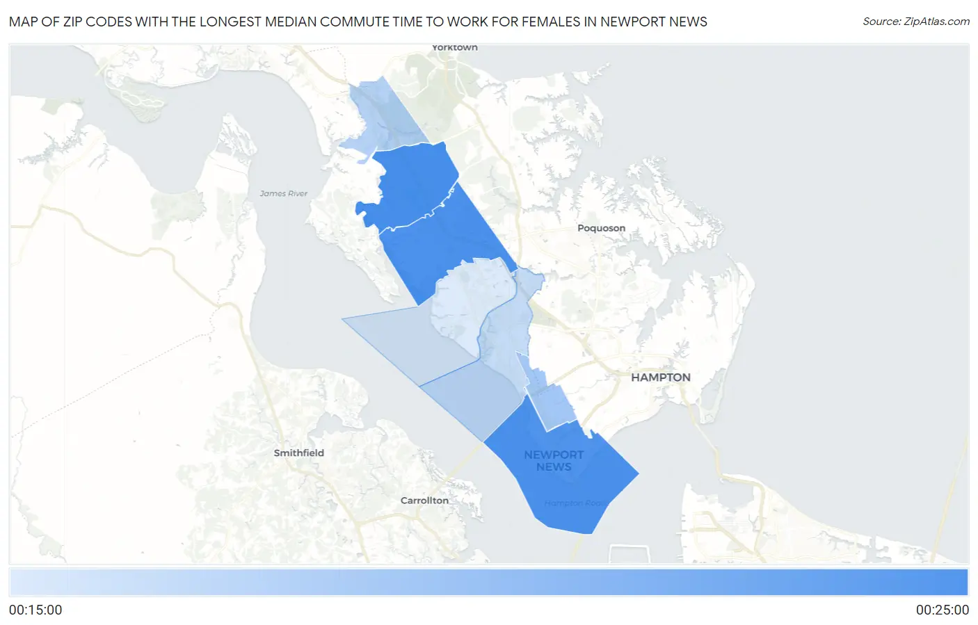 Zip Codes with the Longest Median Commute Time to Work for Females in Newport News Map