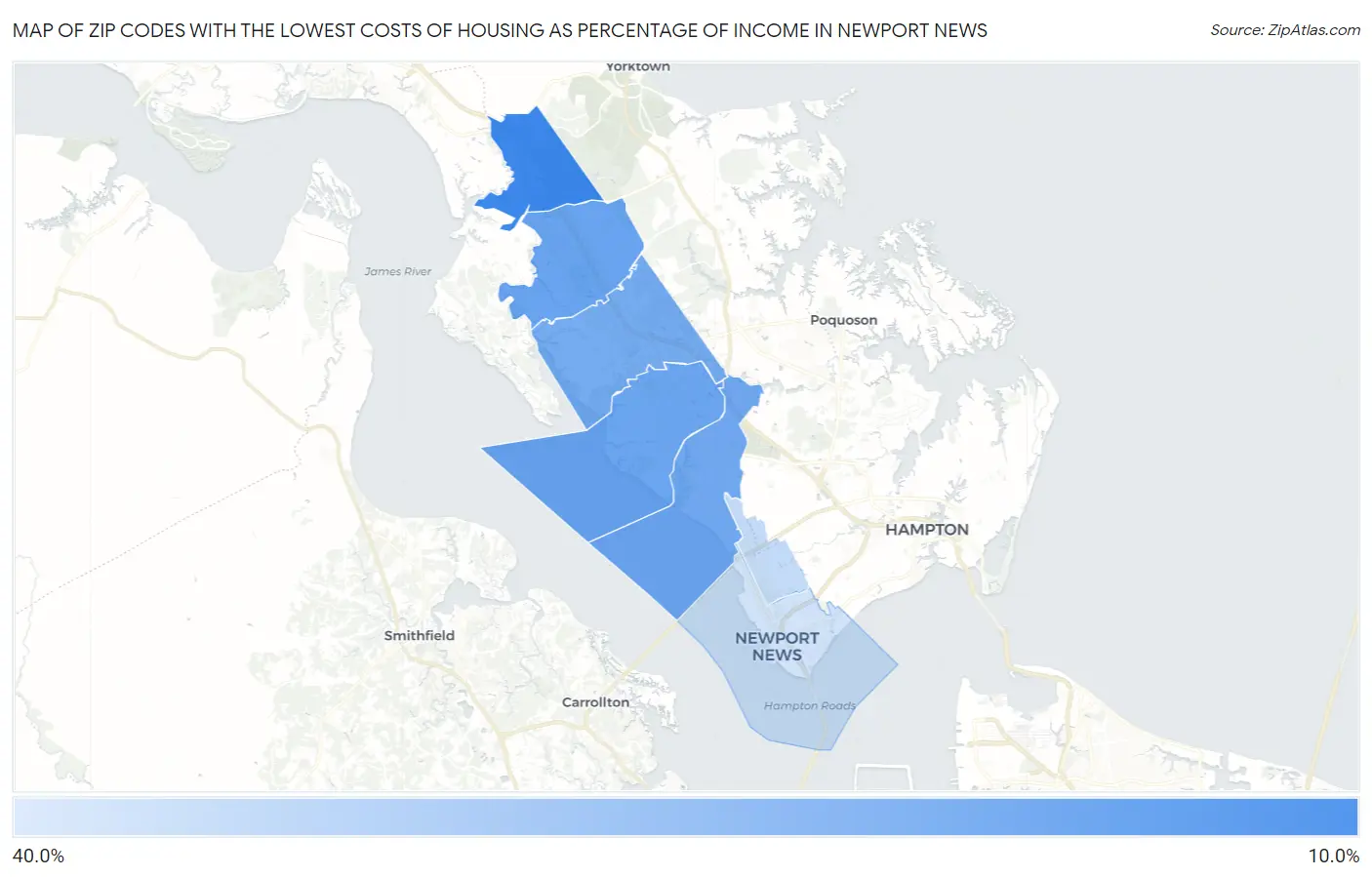Zip Codes with the Lowest Costs of Housing as Percentage of Income in Newport News Map