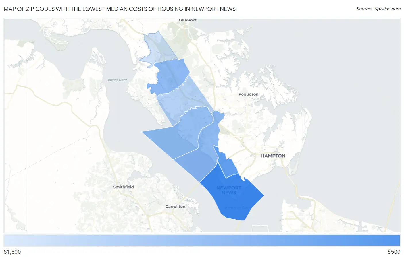 Zip Codes with the Lowest Median Costs of Housing in Newport News Map