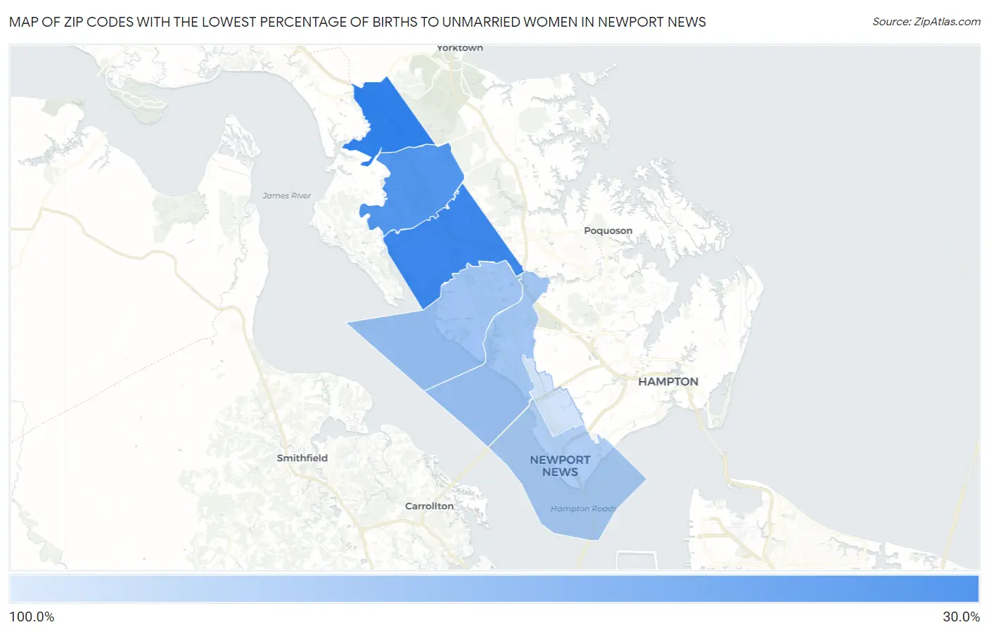 Zip Codes with the Lowest Percentage of Births to Unmarried Women in Newport News Map