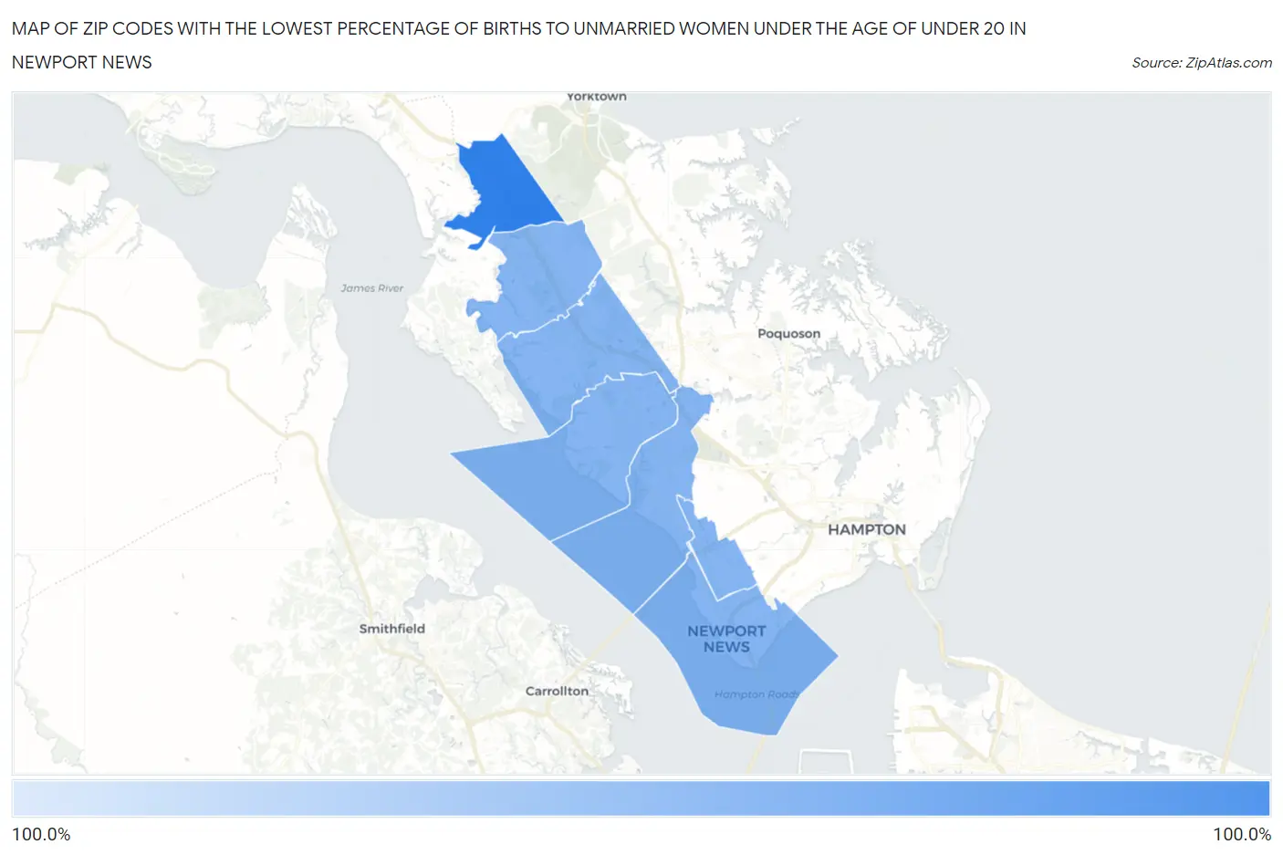 Zip Codes with the Lowest Percentage of Births to Unmarried Women under the Age of under 20 in Newport News Map