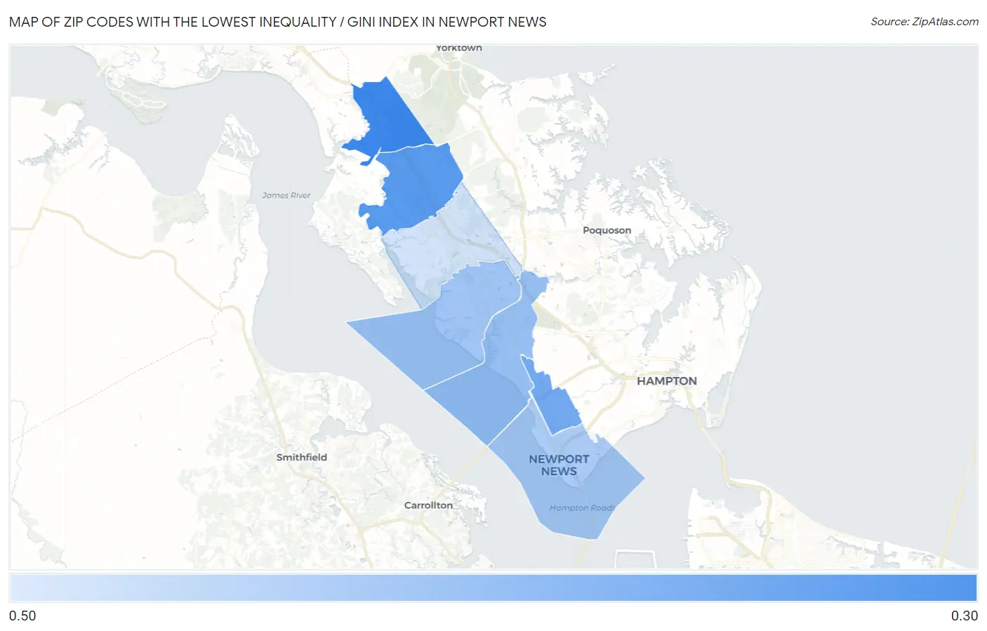 Zip Codes with the Lowest Inequality / Gini Index in Newport News Map