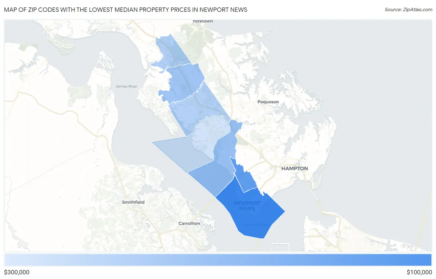 Zip Codes with the Lowest Median Property Prices in Newport News Map