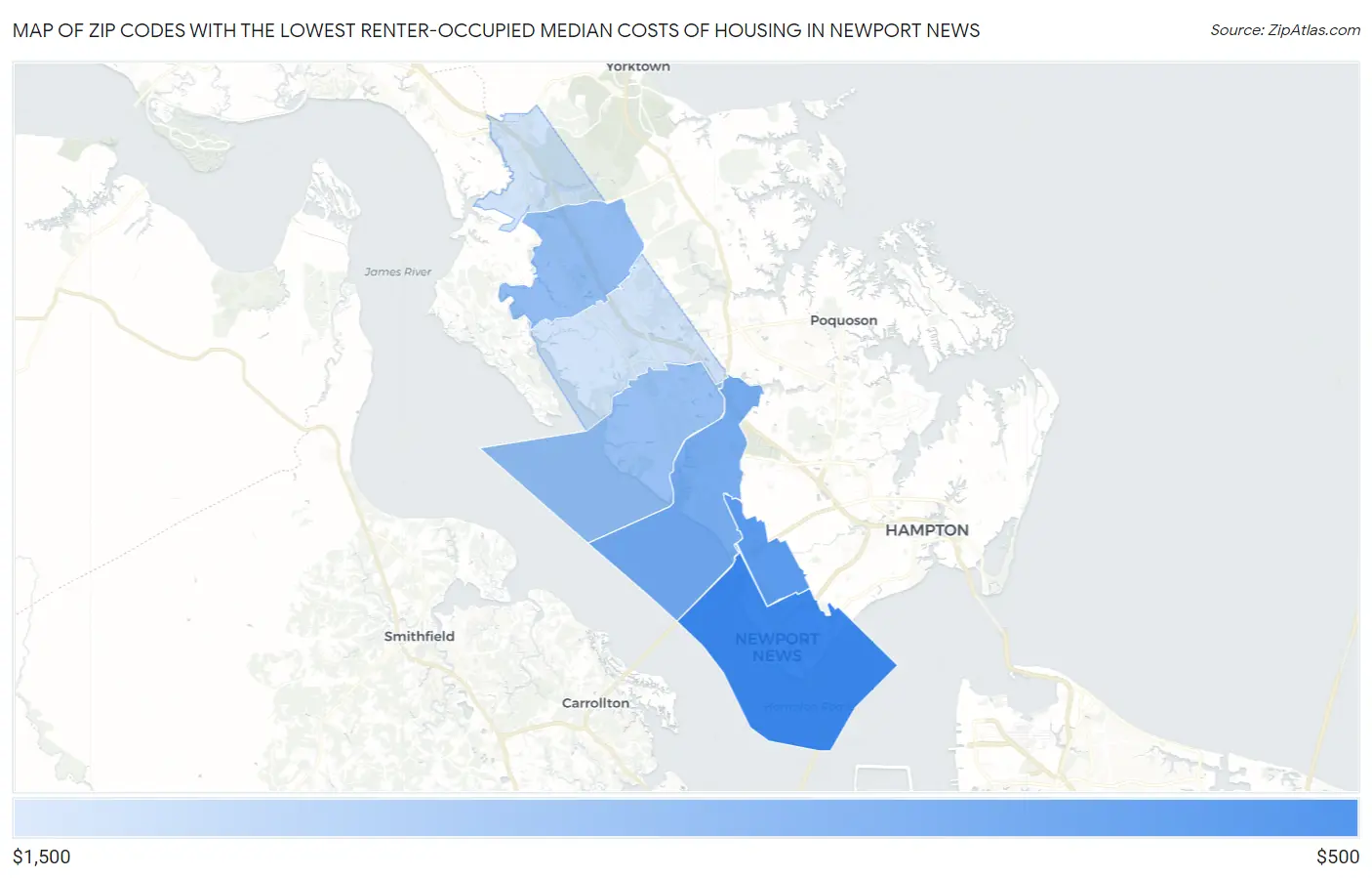 Zip Codes with the Lowest Renter-Occupied Median Costs of Housing in Newport News Map