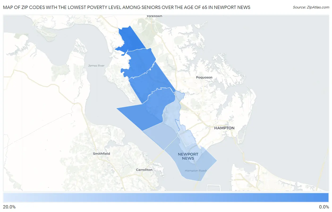 Zip Codes with the Lowest Poverty Level Among Seniors Over the Age of 65 in Newport News Map