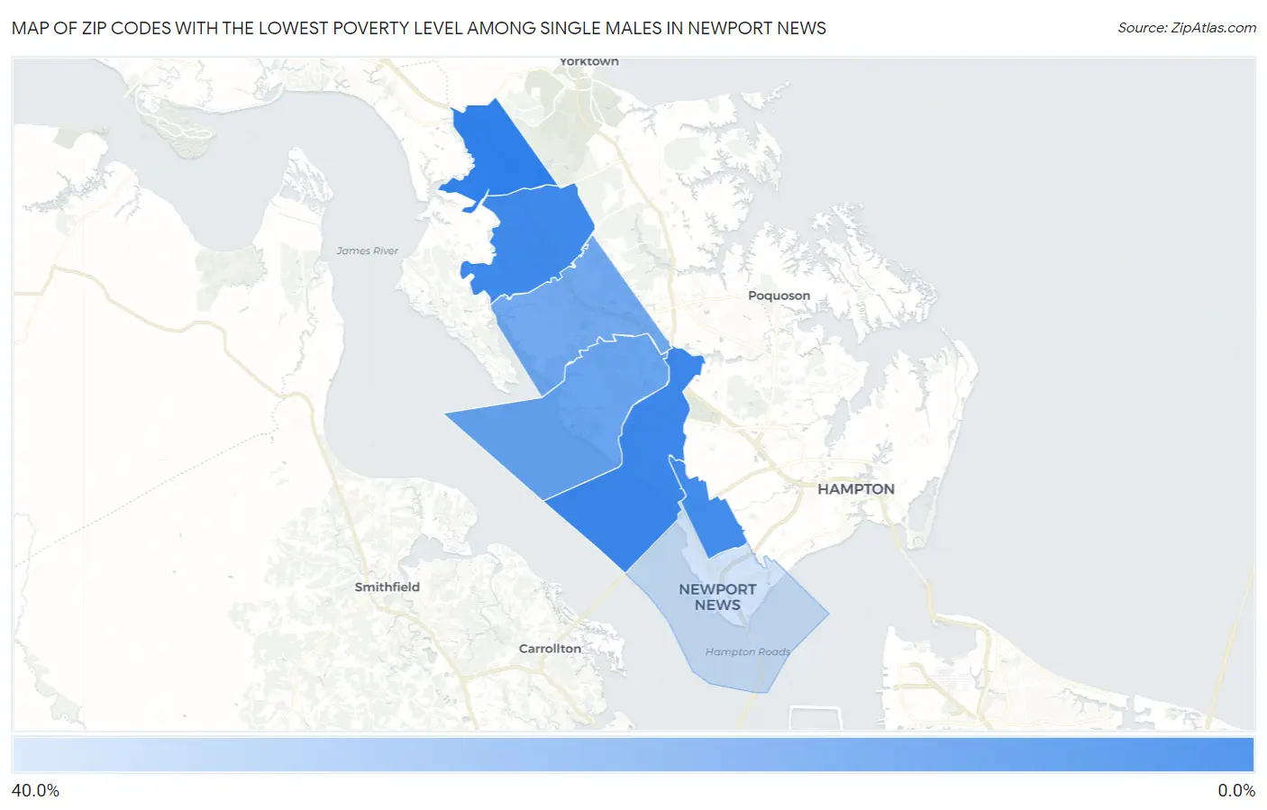Zip Codes with the Lowest Poverty Level Among Single Males in Newport News Map