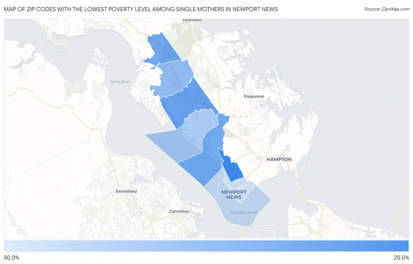 Zip Codes with the Lowest Poverty Level Among Single Mothers in Newport News Map