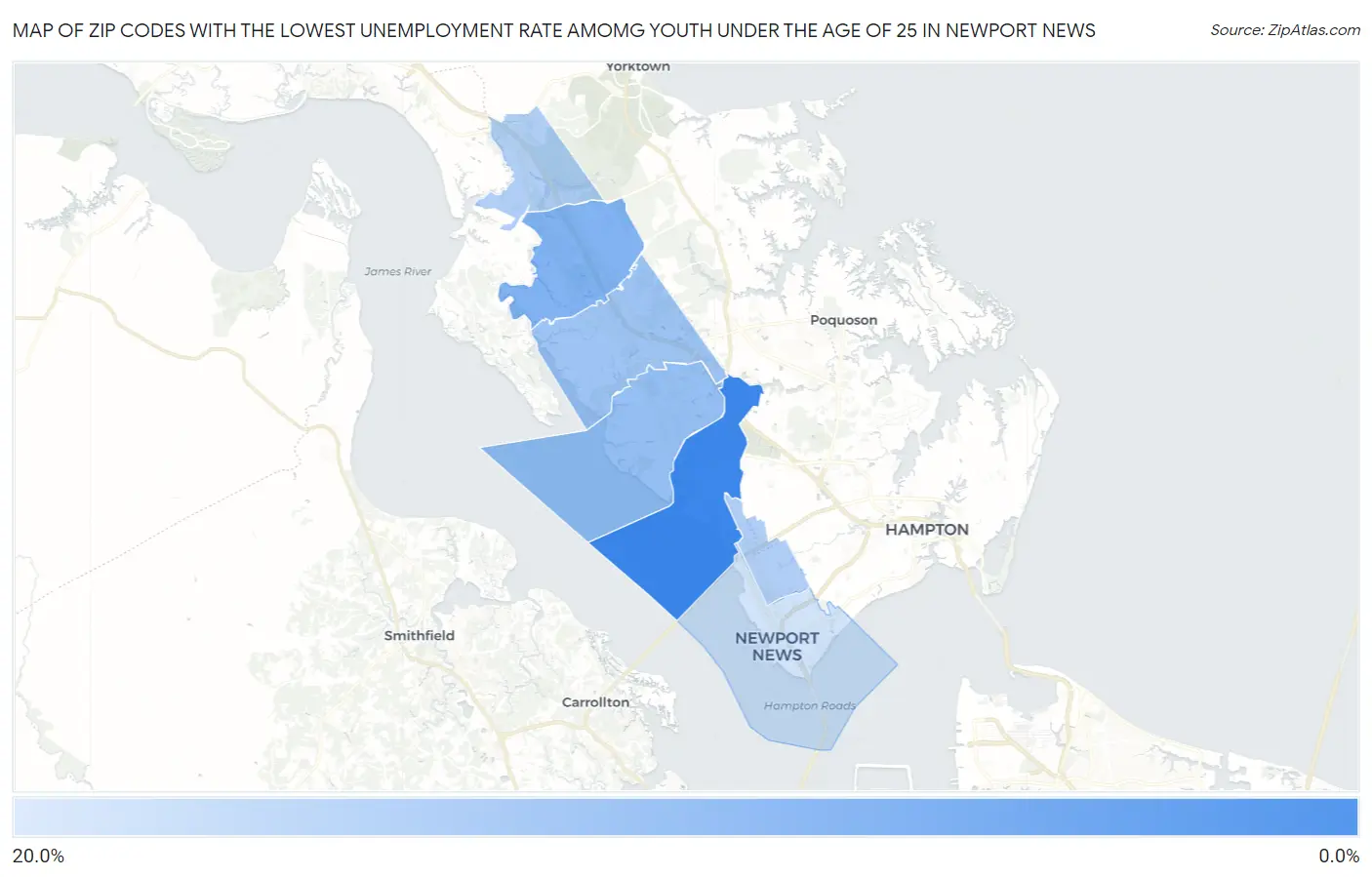 Zip Codes with the Lowest Unemployment Rate Amomg Youth Under the Age of 25 in Newport News Map