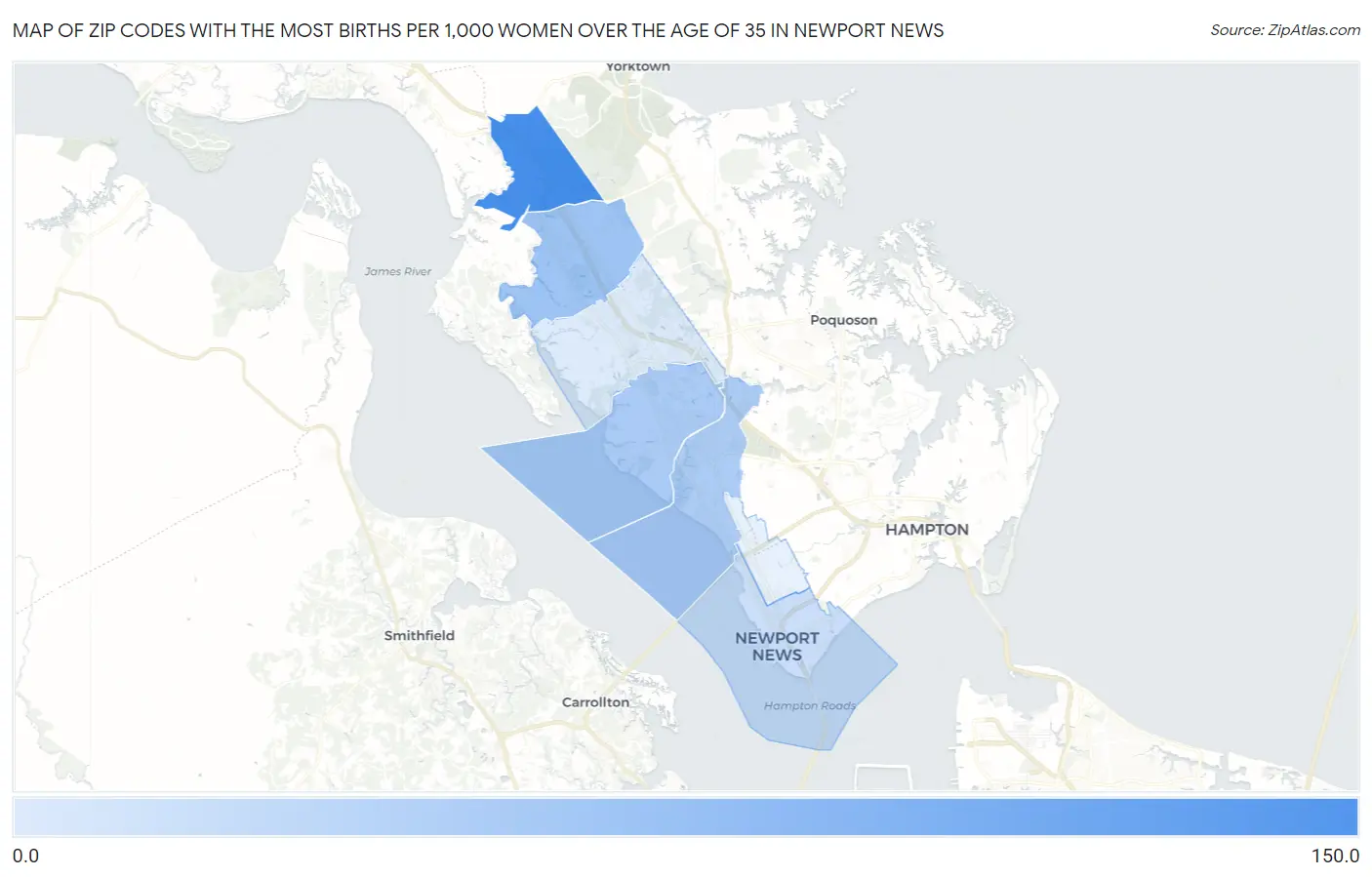 Zip Codes with the Most Births per 1,000 Women Over the Age of 35 in Newport News Map