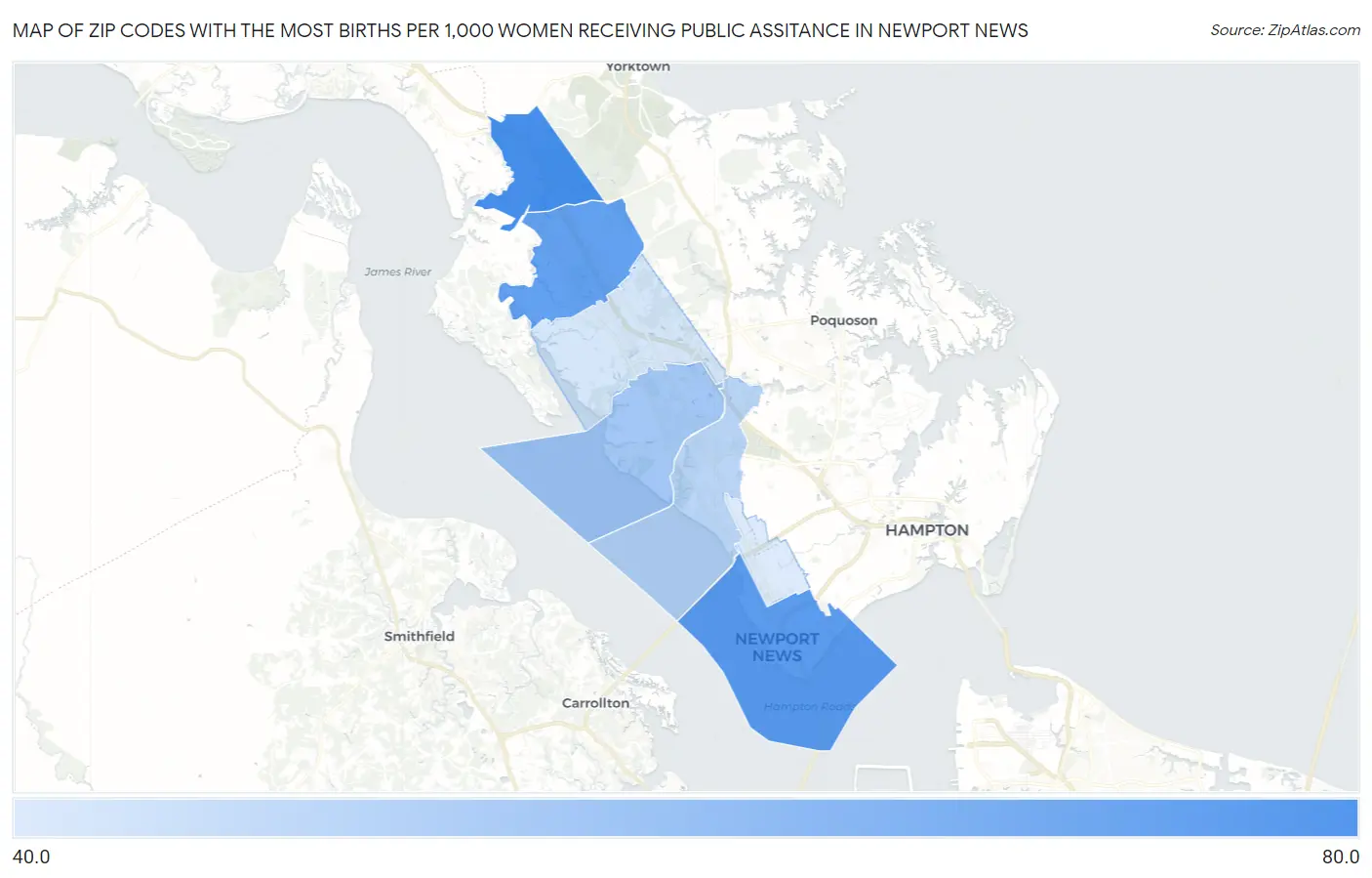 Zip Codes with the Most Births per 1,000 Women Receiving Public Assitance in Newport News Map