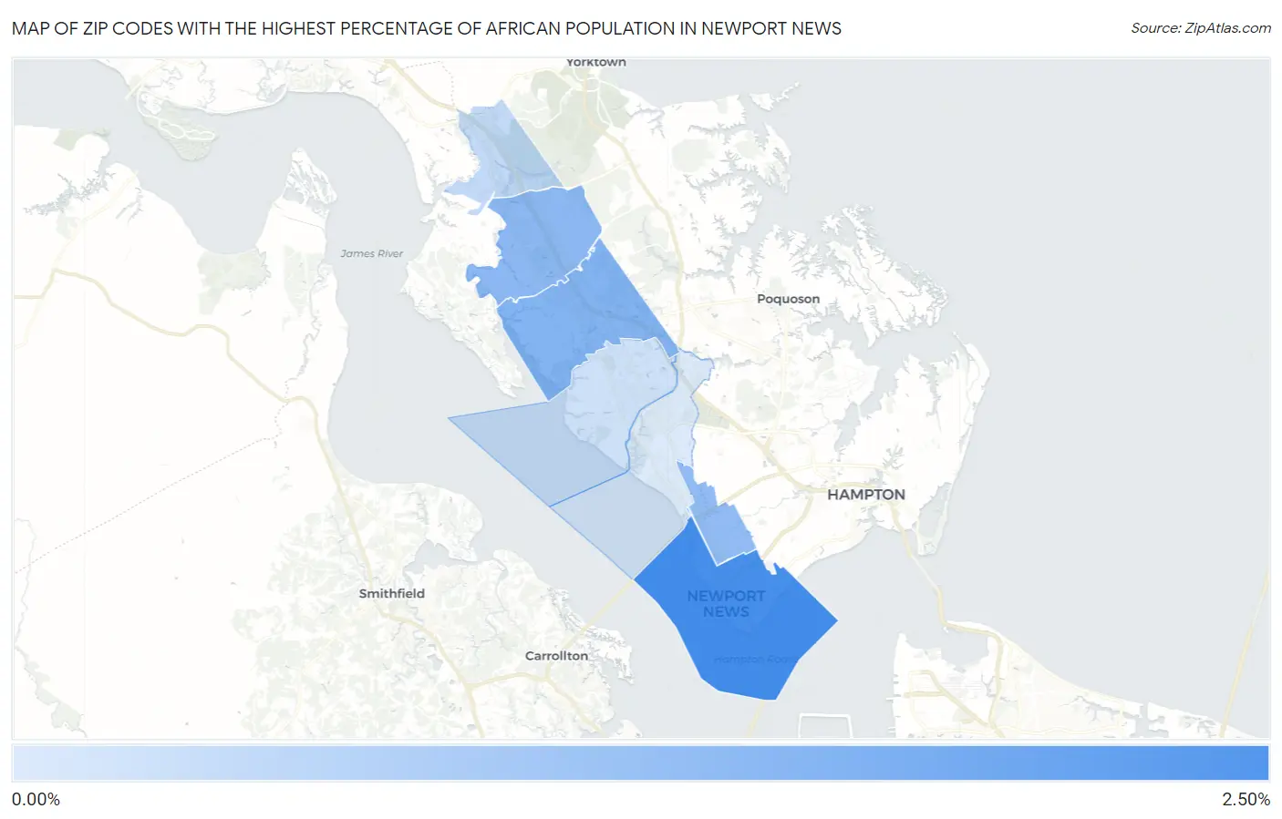 Zip Codes with the Highest Percentage of African Population in Newport News Map