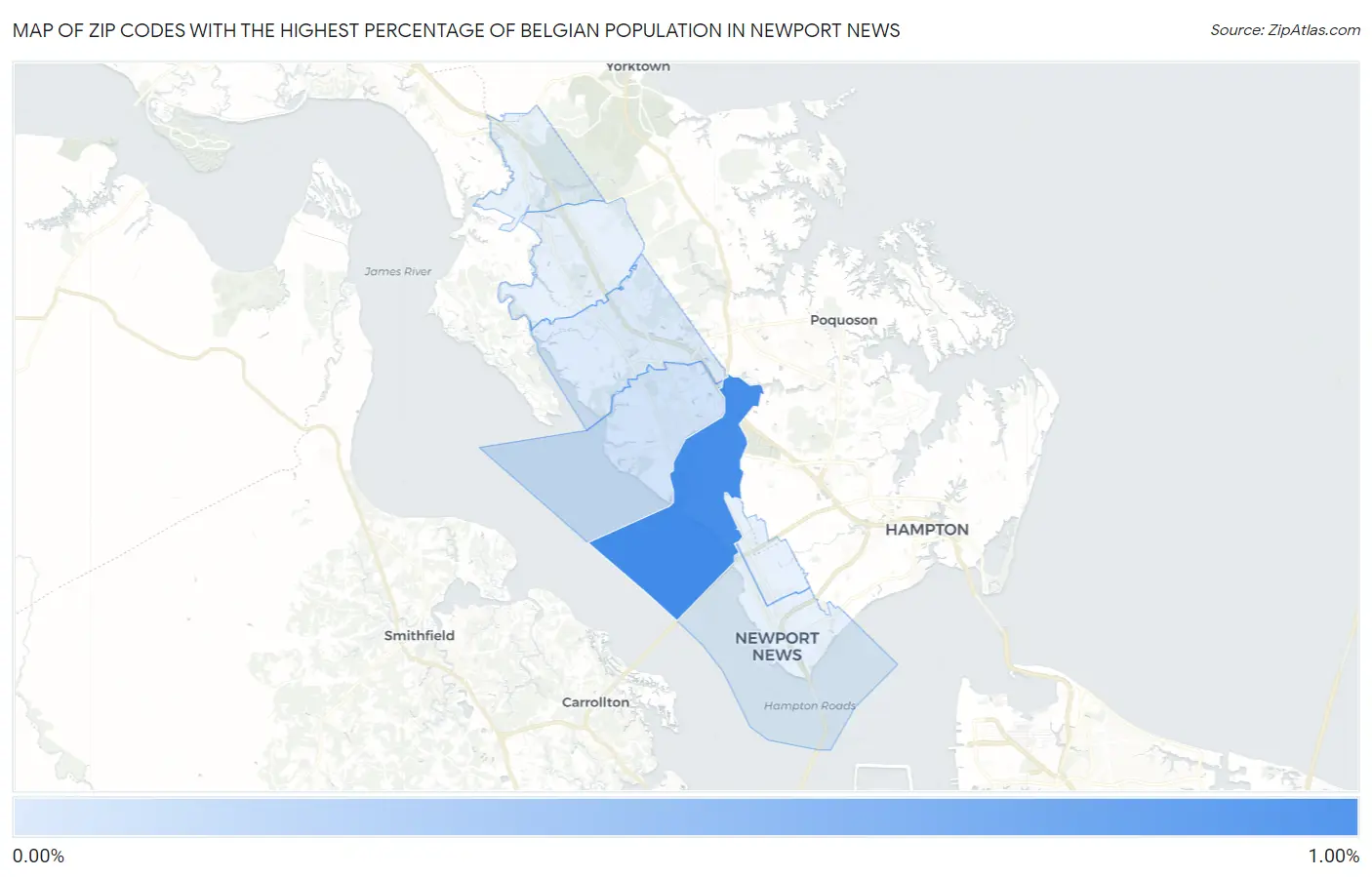 Zip Codes with the Highest Percentage of Belgian Population in Newport News Map