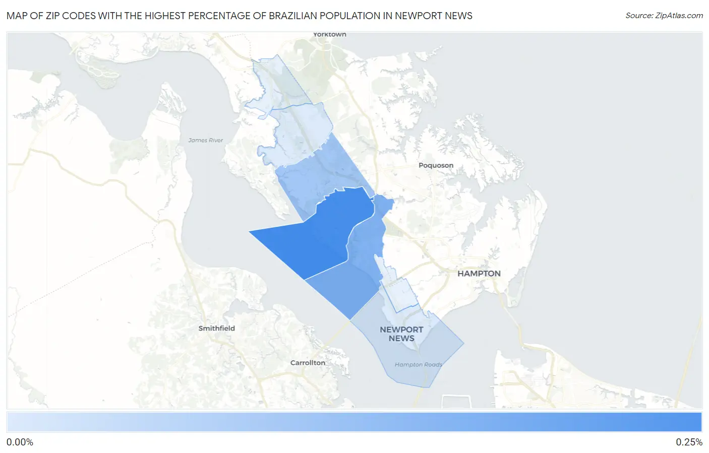 Zip Codes with the Highest Percentage of Brazilian Population in Newport News Map