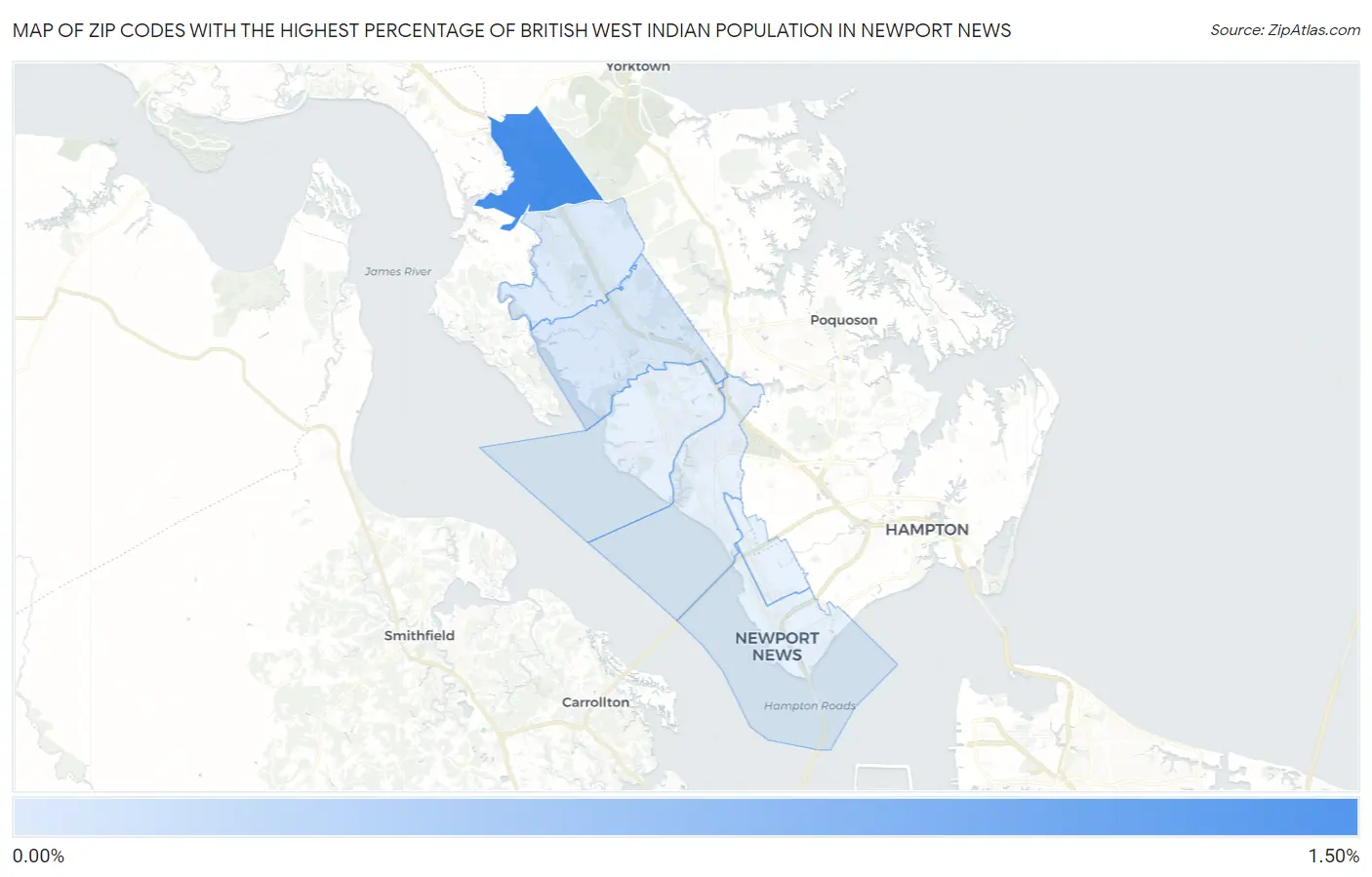 Zip Codes with the Highest Percentage of British West Indian Population in Newport News Map