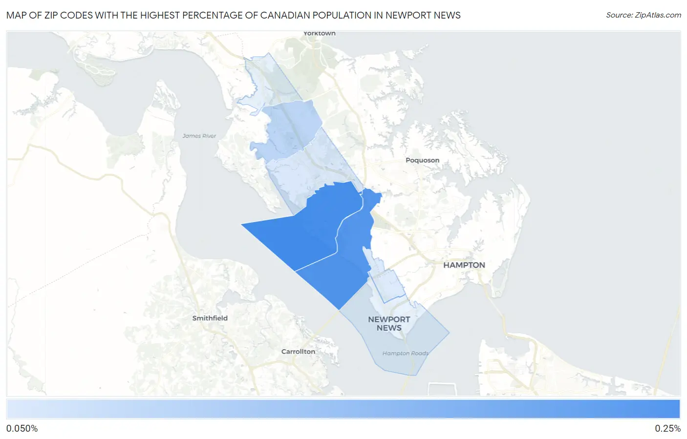 Zip Codes with the Highest Percentage of Canadian Population in Newport News Map