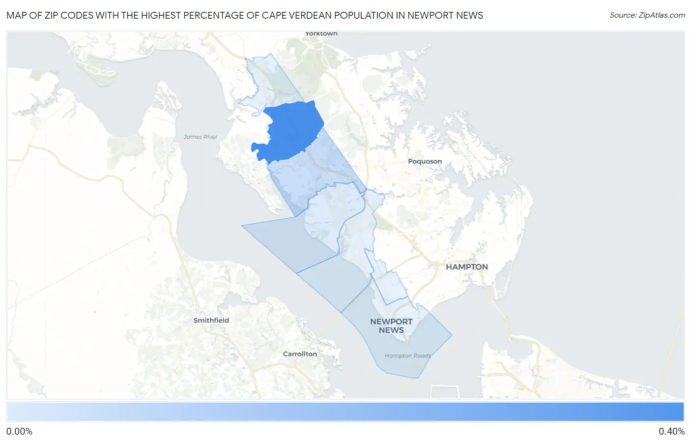 Zip Codes with the Highest Percentage of Cape Verdean Population in Newport News Map