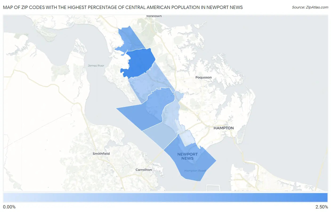Zip Codes with the Highest Percentage of Central American Population in Newport News Map
