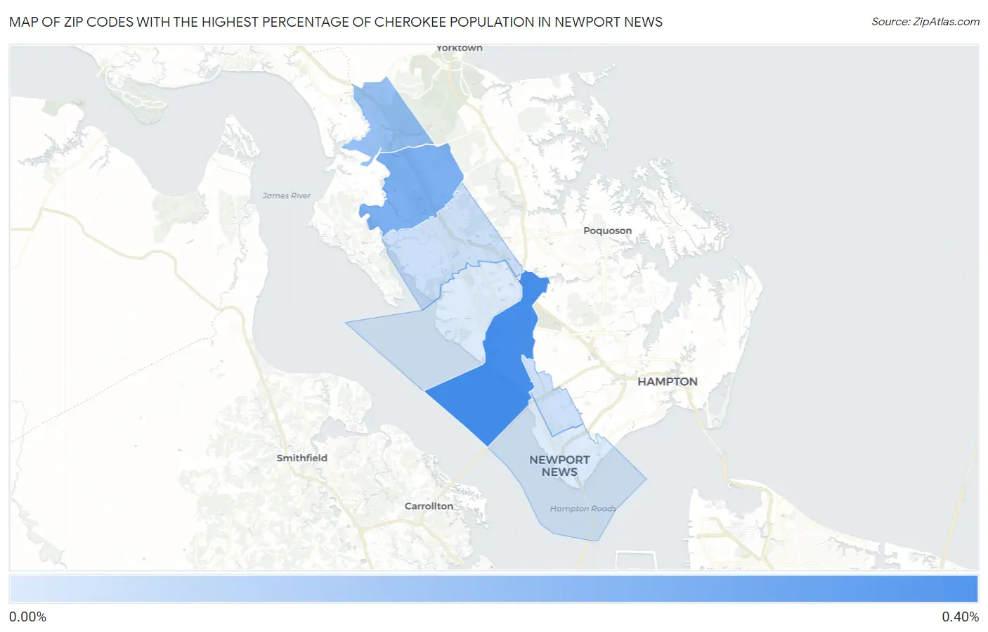 Zip Codes with the Highest Percentage of Cherokee Population in Newport News Map