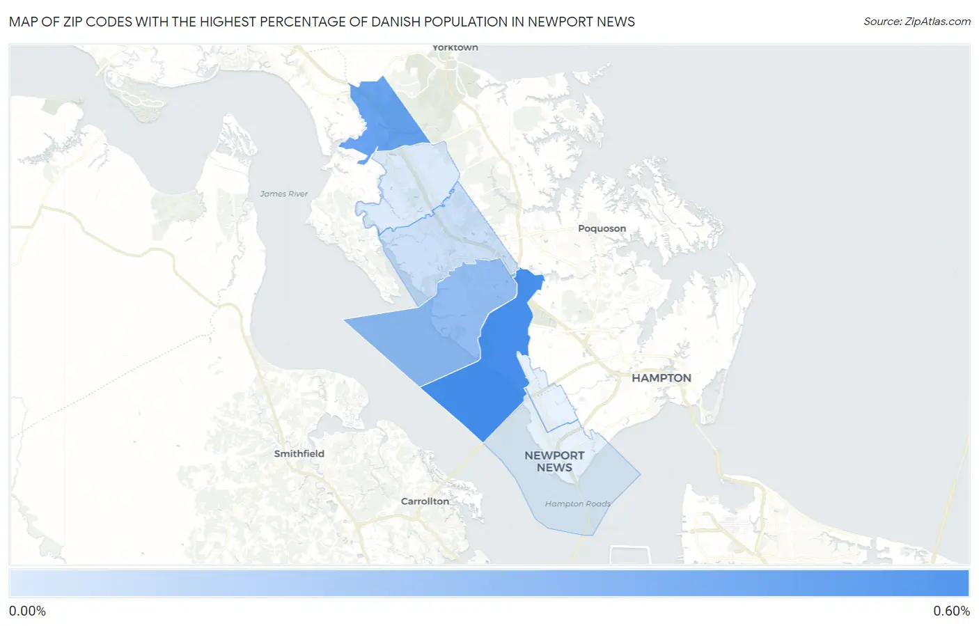 Zip Codes with the Highest Percentage of Danish Population in Newport News Map