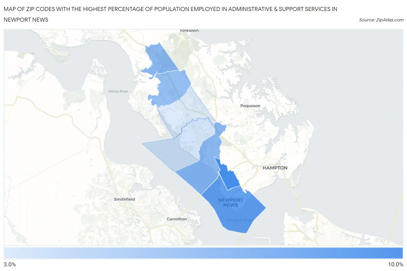 Zip Codes with the Highest Percentage of Population Employed in Administrative & Support Services in Newport News Map