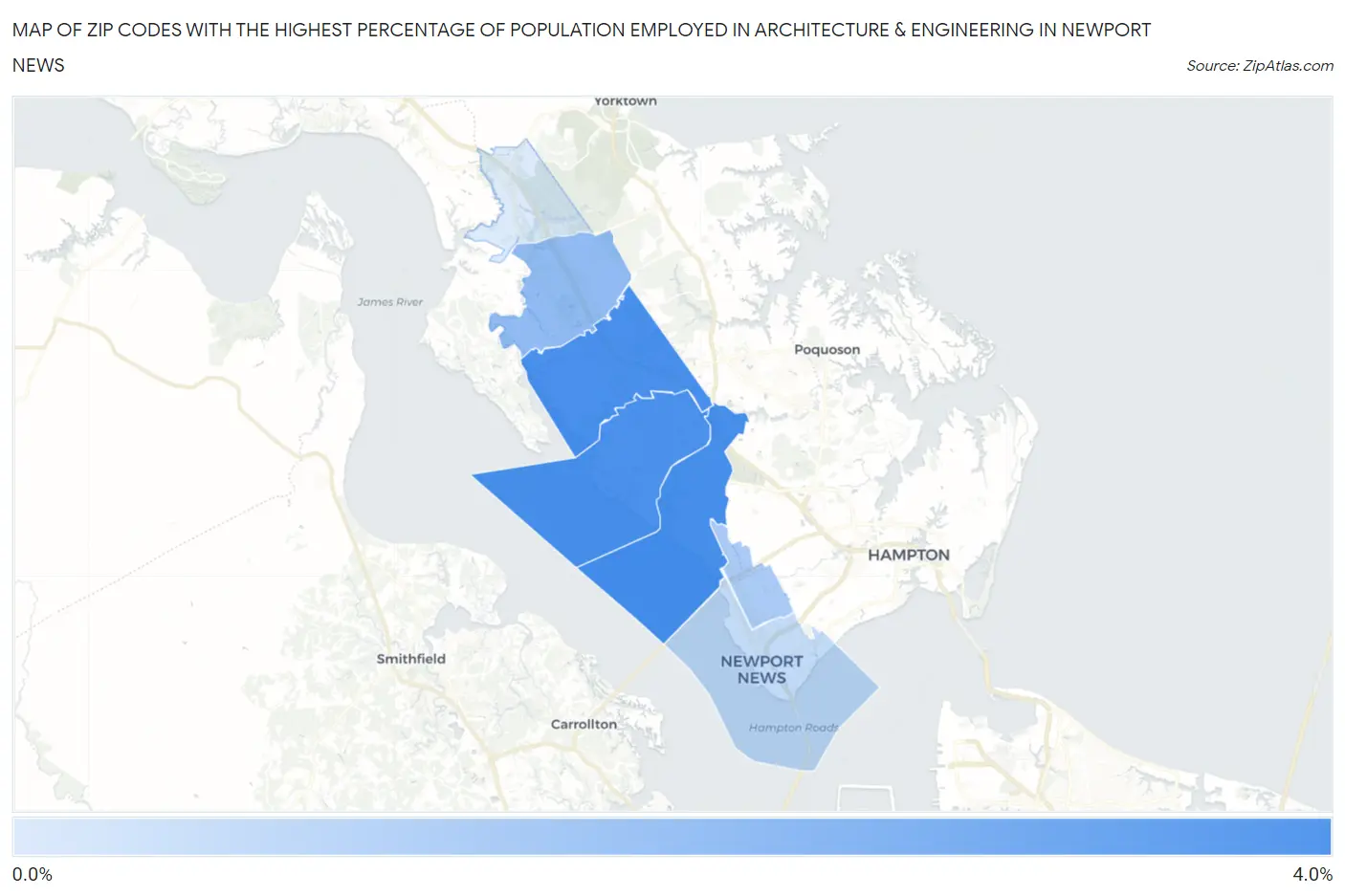 Zip Codes with the Highest Percentage of Population Employed in Architecture & Engineering in Newport News Map
