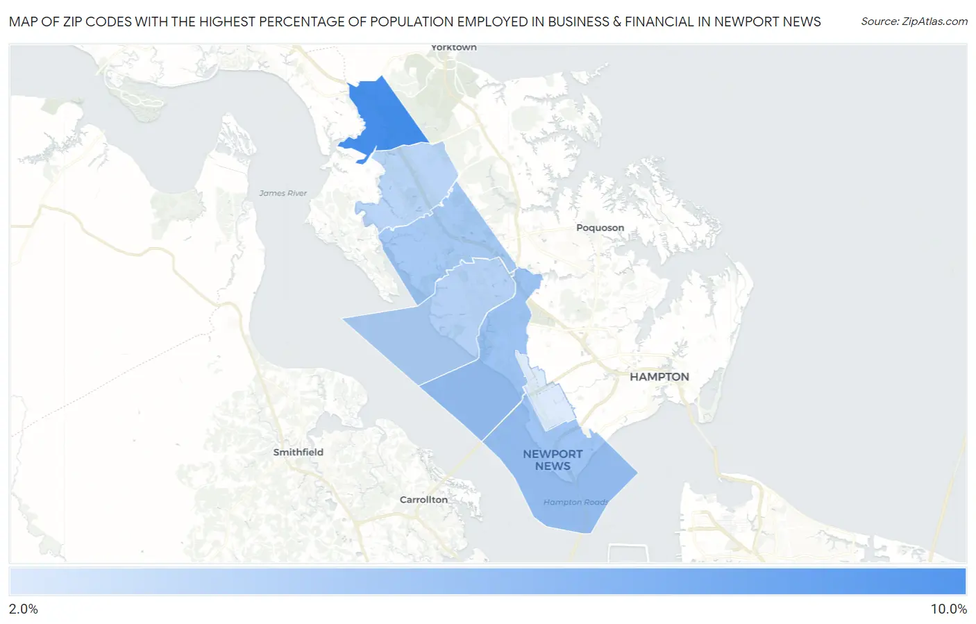 Zip Codes with the Highest Percentage of Population Employed in Business & Financial in Newport News Map