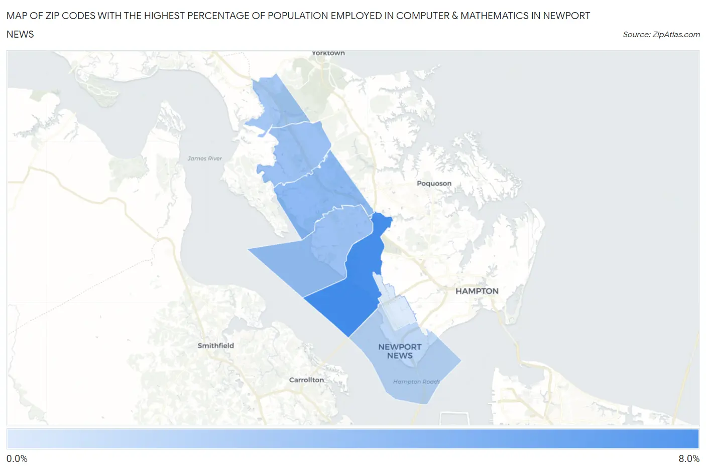 Zip Codes with the Highest Percentage of Population Employed in Computer & Mathematics in Newport News Map