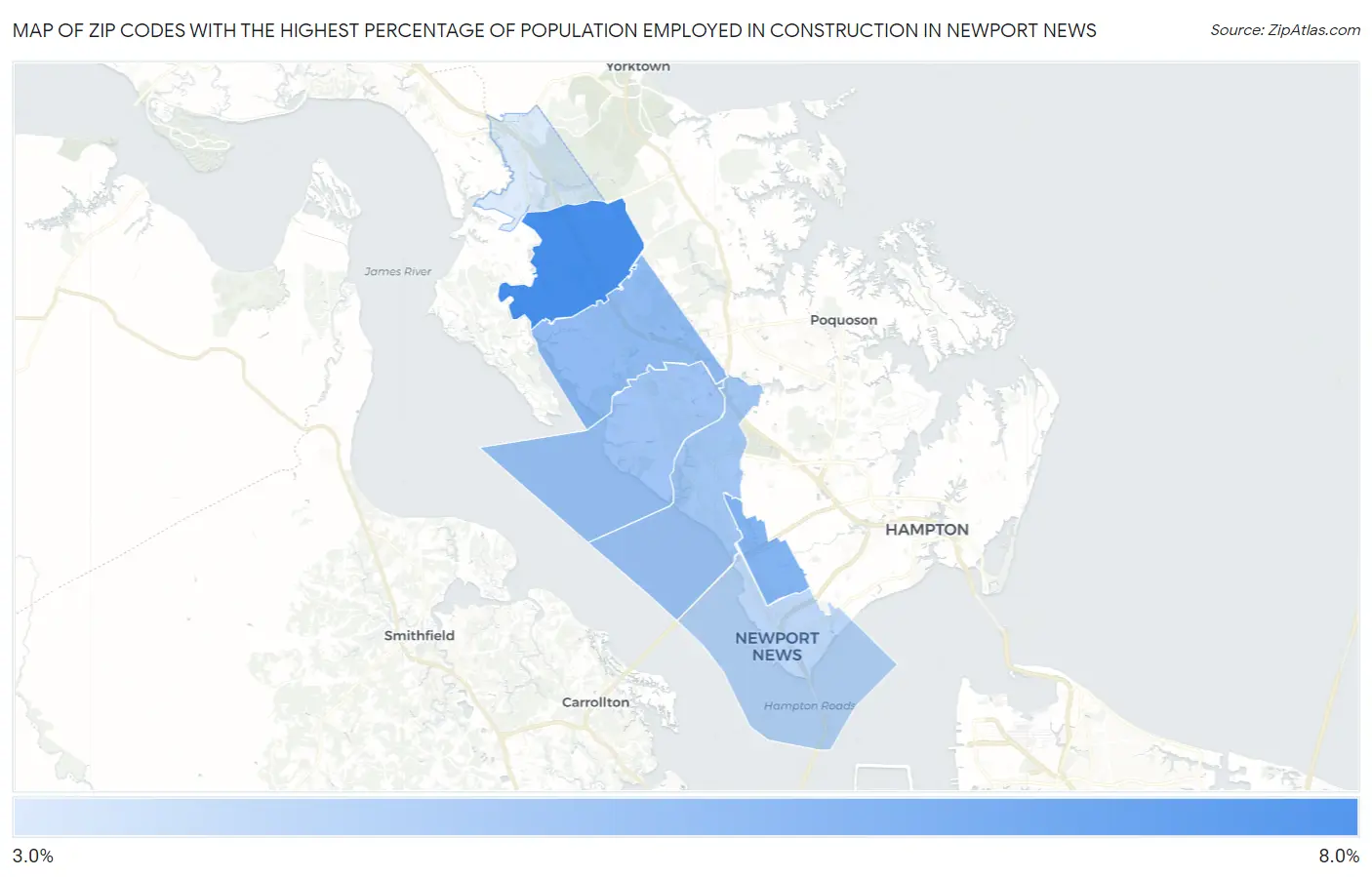 Zip Codes with the Highest Percentage of Population Employed in Construction in Newport News Map