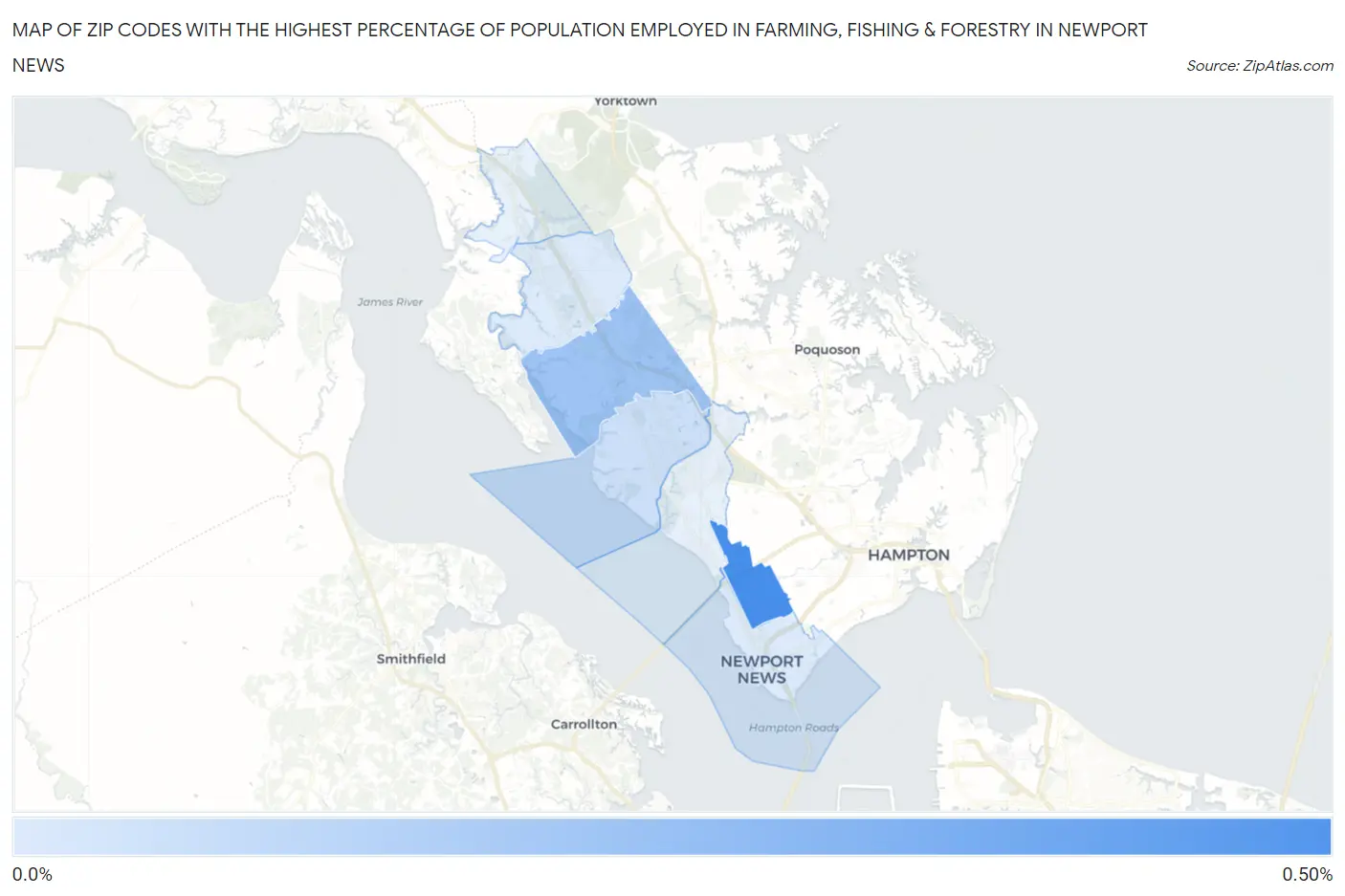 Zip Codes with the Highest Percentage of Population Employed in Farming, Fishing & Forestry in Newport News Map