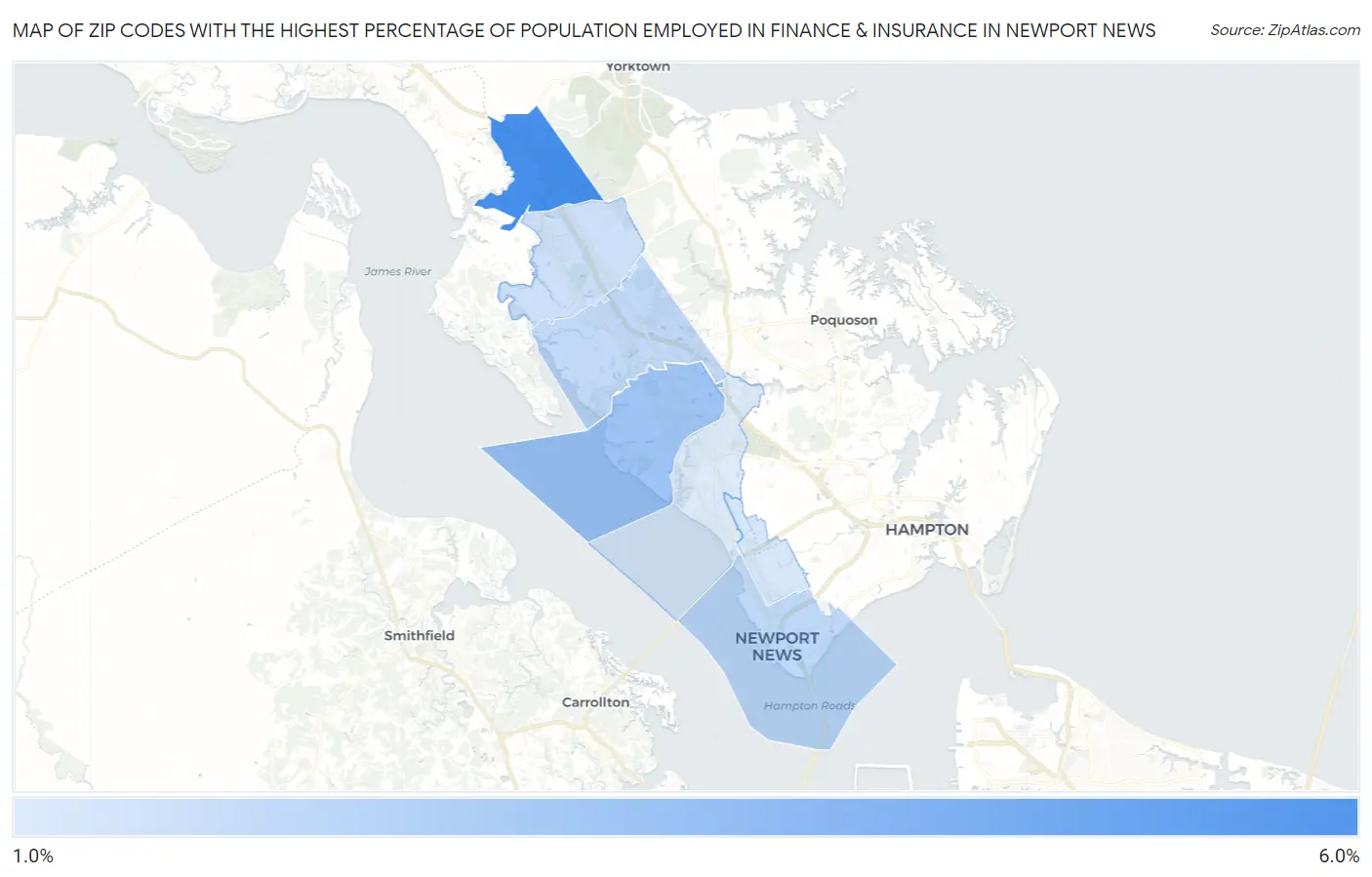 Zip Codes with the Highest Percentage of Population Employed in Finance & Insurance in Newport News Map