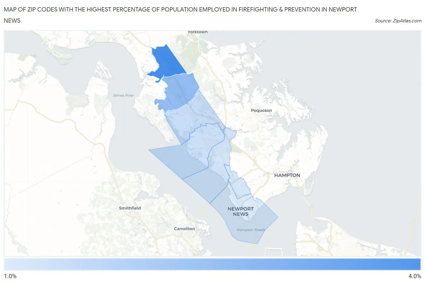 Zip Codes with the Highest Percentage of Population Employed in Firefighting & Prevention in Newport News Map