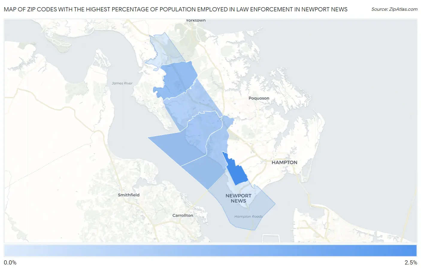 Zip Codes with the Highest Percentage of Population Employed in Law Enforcement in Newport News Map