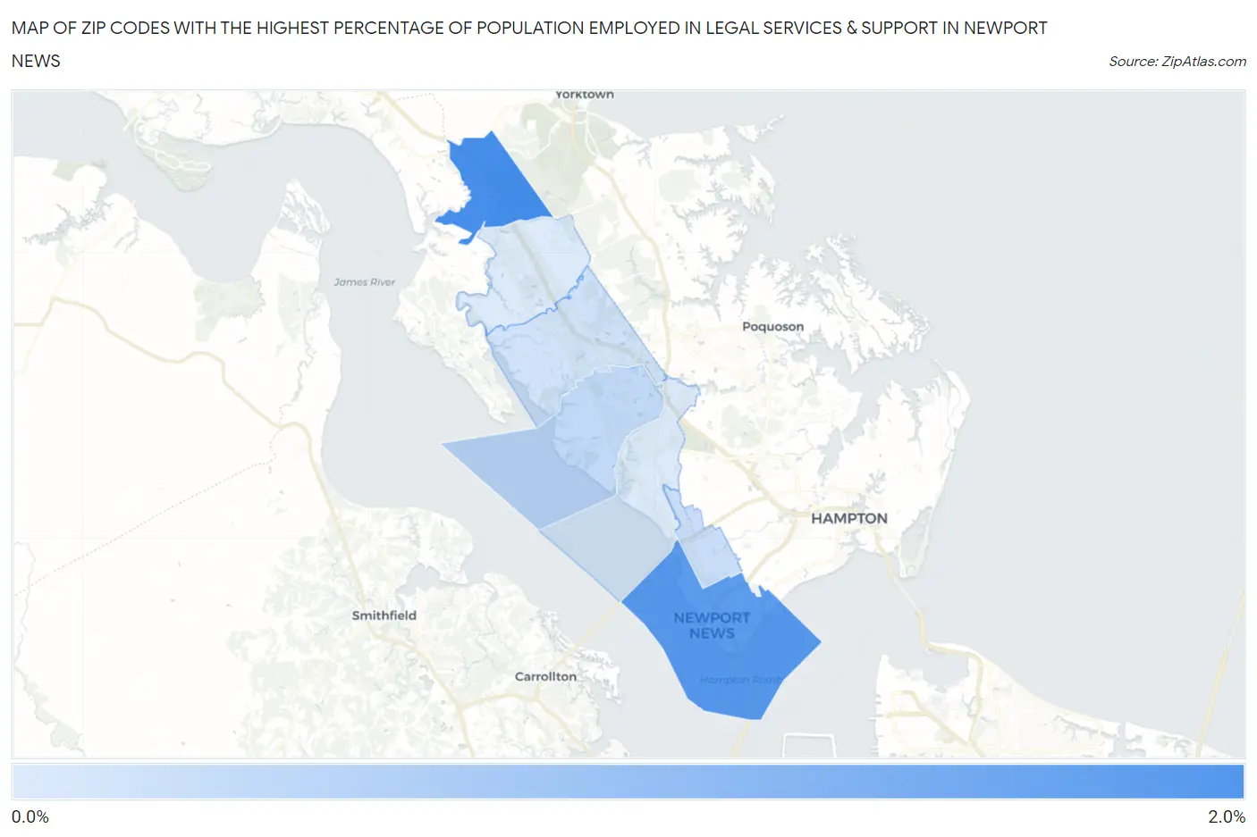 Zip Codes with the Highest Percentage of Population Employed in Legal Services & Support in Newport News Map