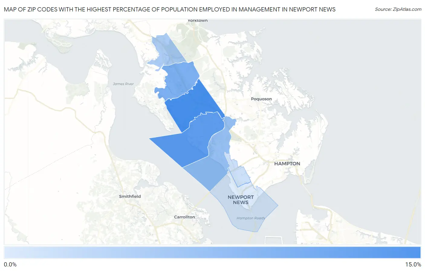 Zip Codes with the Highest Percentage of Population Employed in Management in Newport News Map