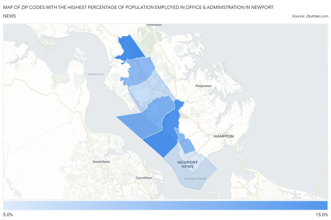 Zip Codes with the Highest Percentage of Population Employed in Office & Administration in Newport News Map