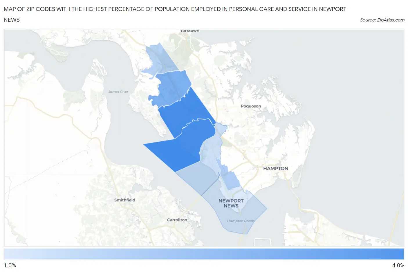 Zip Codes with the Highest Percentage of Population Employed in Personal Care and Service in Newport News Map