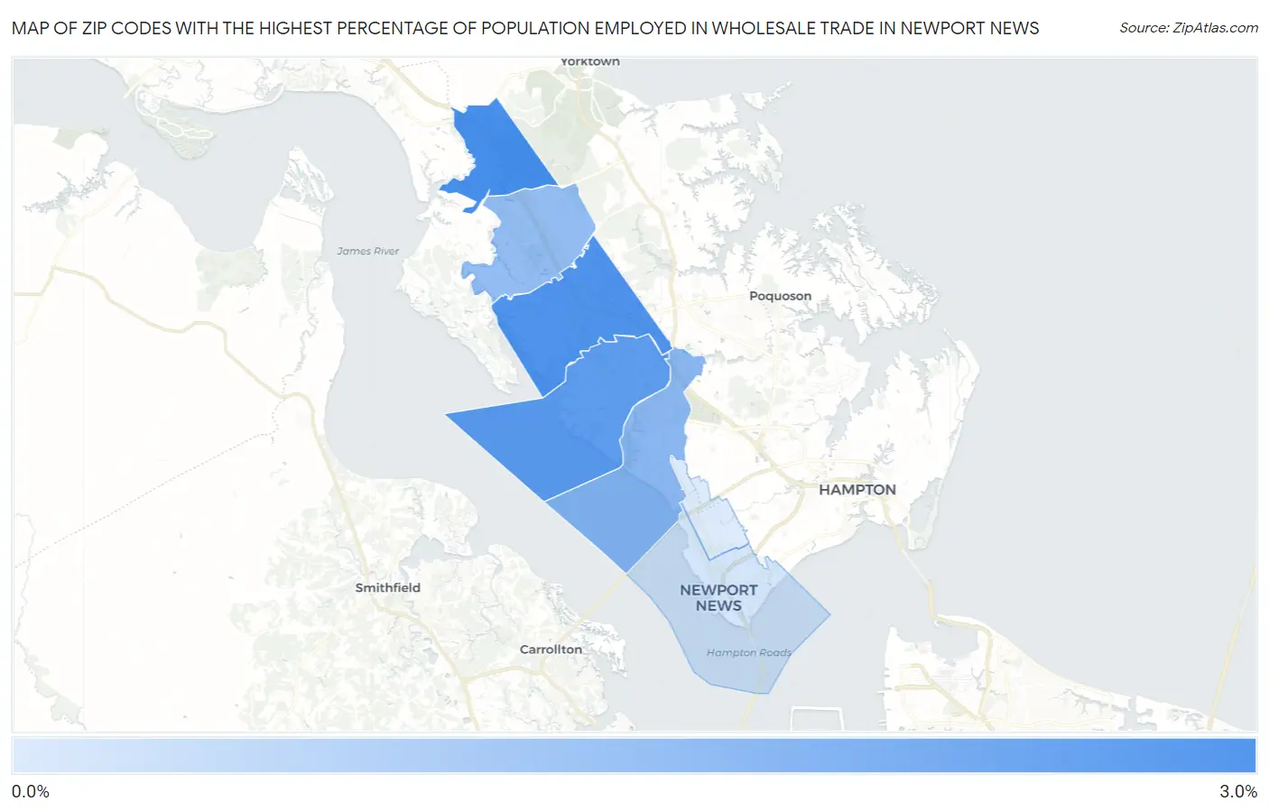 Zip Codes with the Highest Percentage of Population Employed in Wholesale Trade in Newport News Map