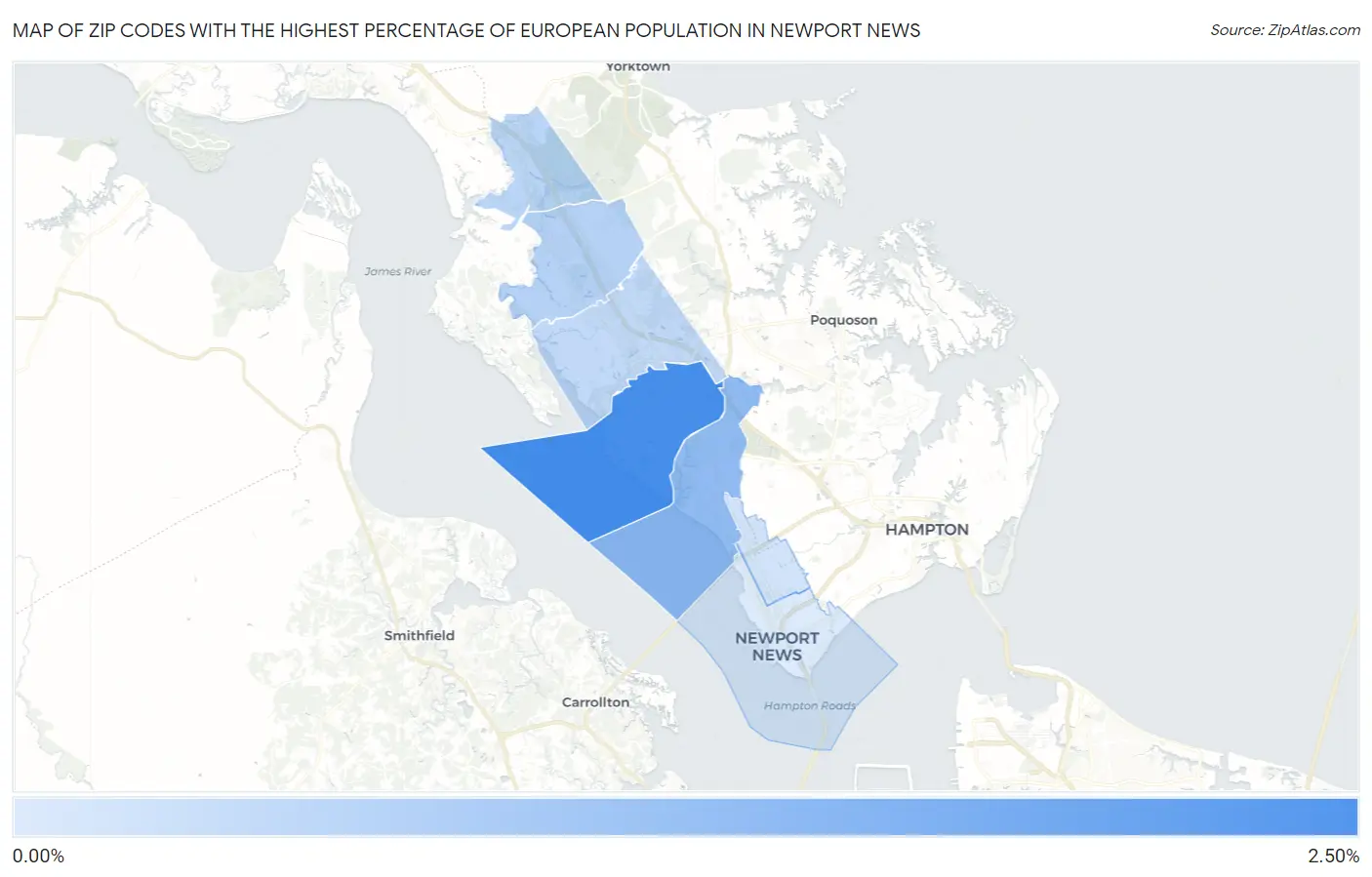 Zip Codes with the Highest Percentage of European Population in Newport News Map