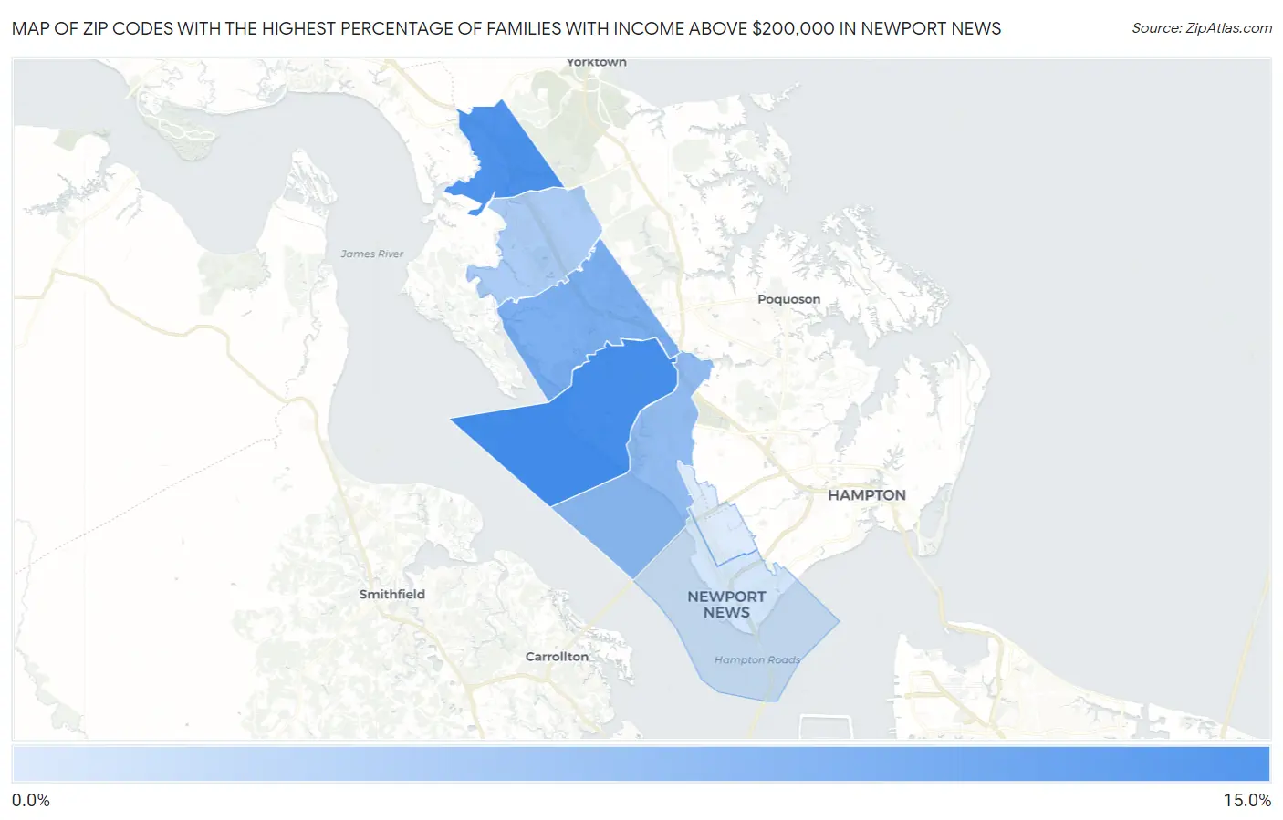 Zip Codes with the Highest Percentage of Families with Income Above $200,000 in Newport News Map