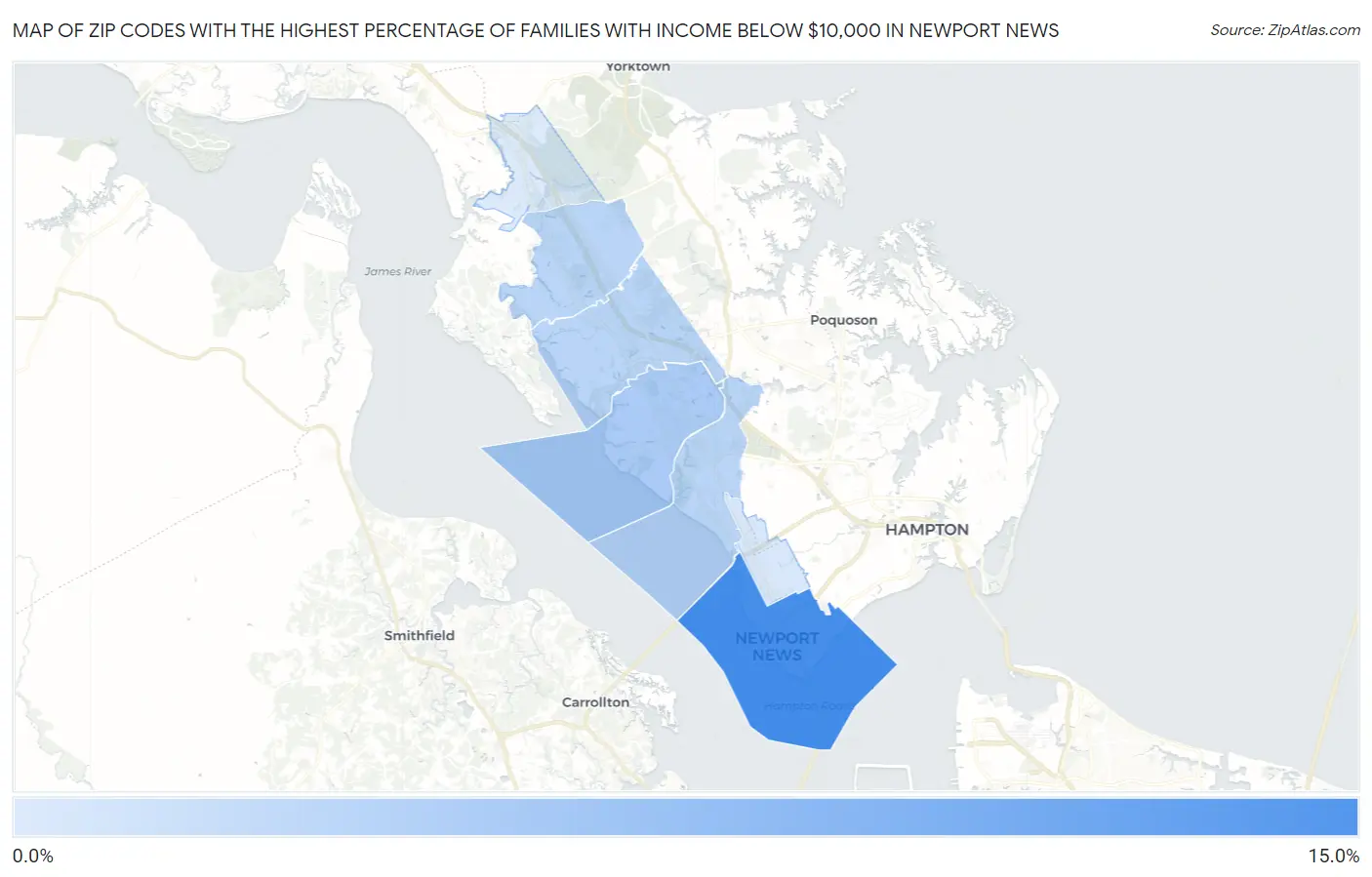 Zip Codes with the Highest Percentage of Families with Income Below $10,000 in Newport News Map