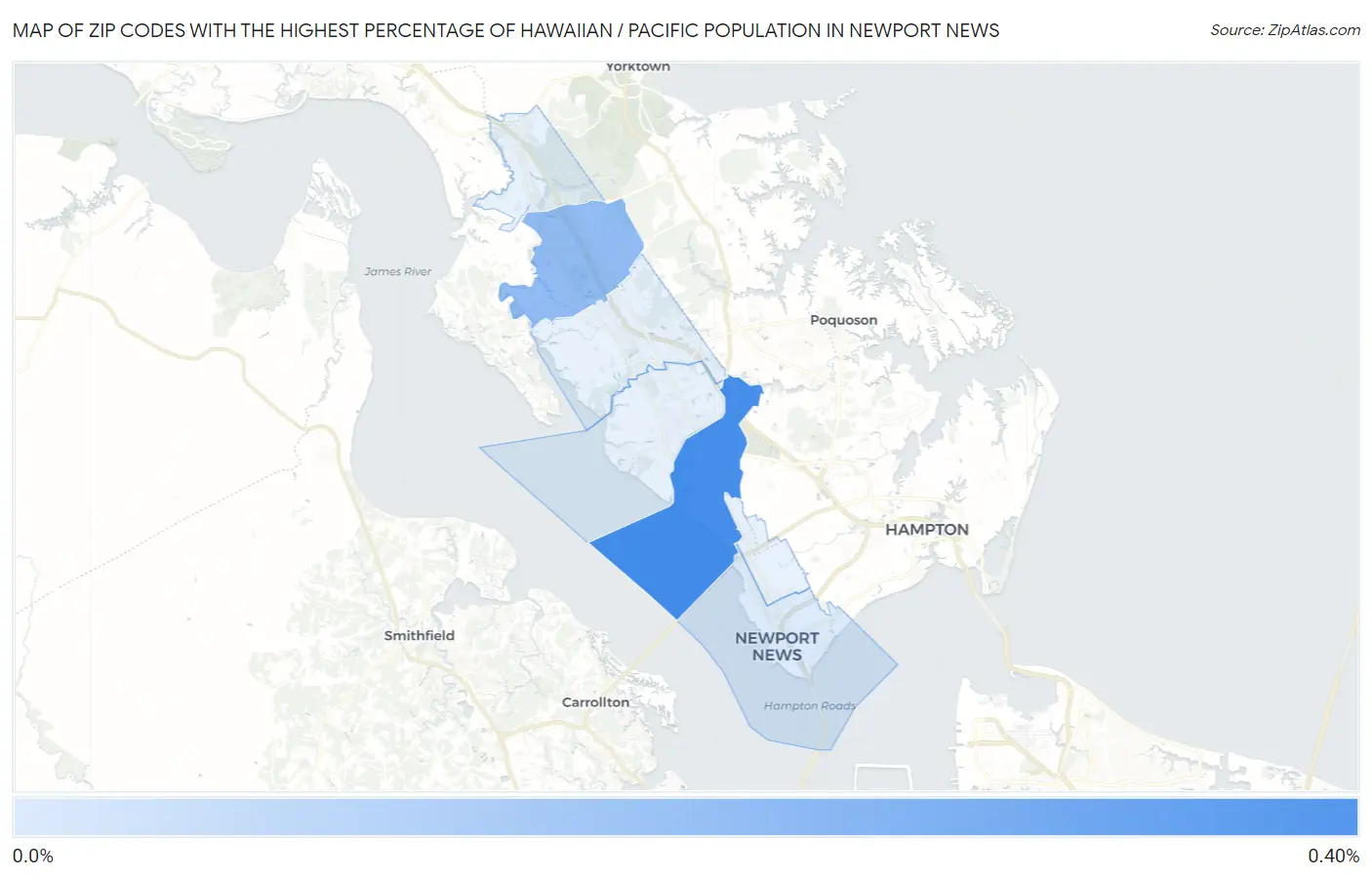 Zip Codes with the Highest Percentage of Hawaiian / Pacific Population in Newport News Map