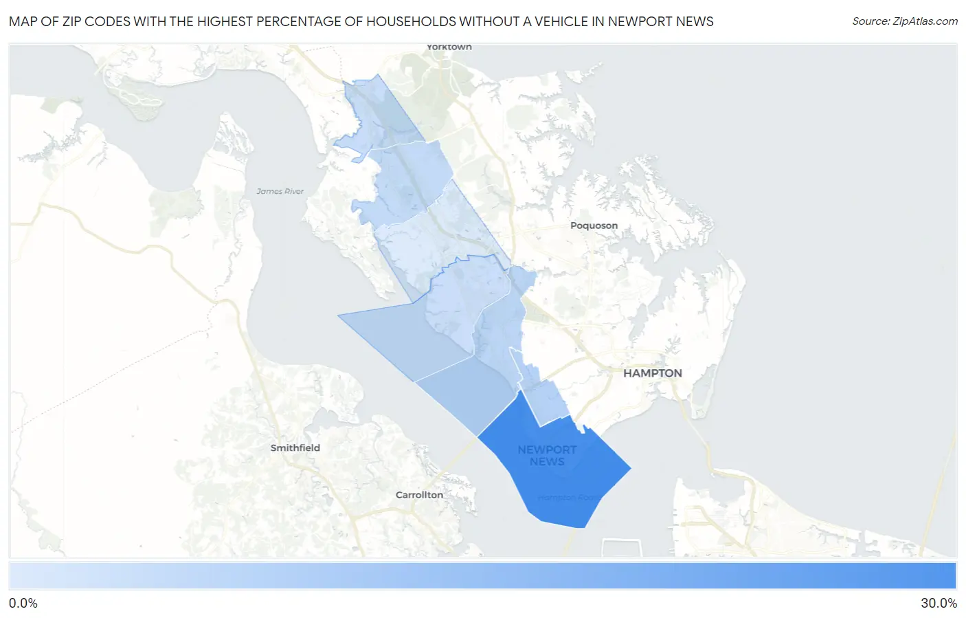 Zip Codes with the Highest Percentage of Households Without a Vehicle in Newport News Map