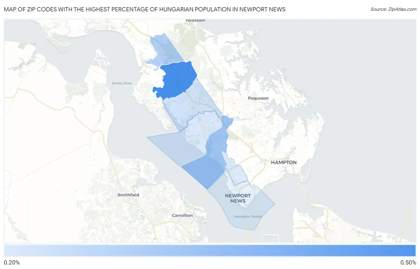 Zip Codes with the Highest Percentage of Hungarian Population in Newport News Map