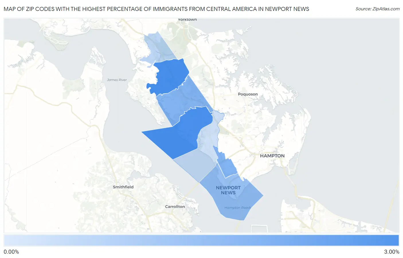 Zip Codes with the Highest Percentage of Immigrants from Central America in Newport News Map