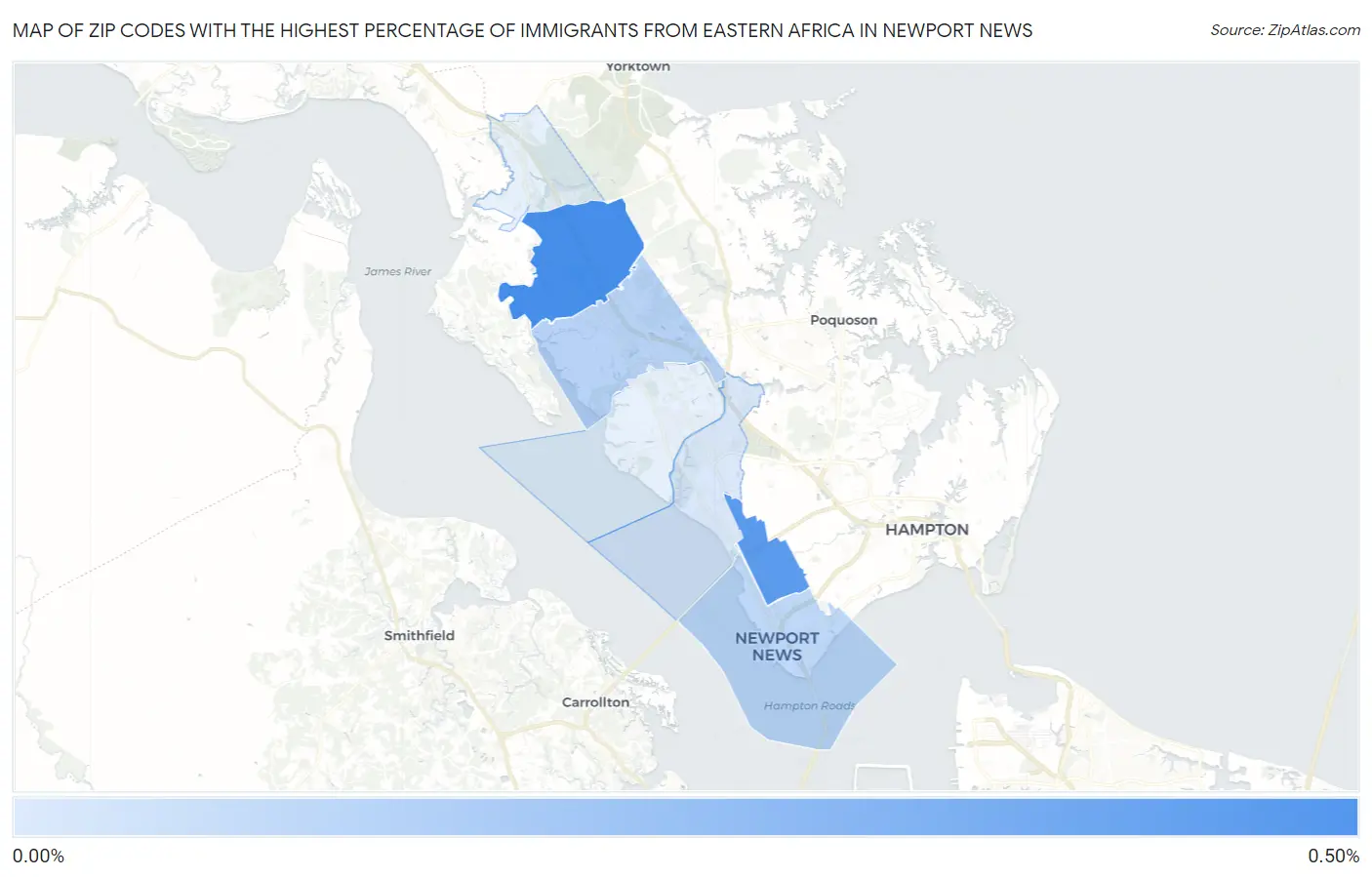 Zip Codes with the Highest Percentage of Immigrants from Eastern Africa in Newport News Map